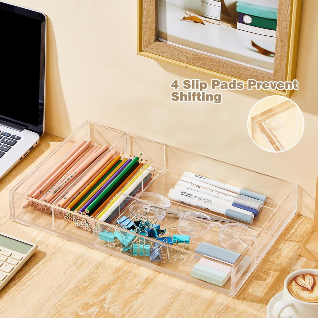 1 Pcs Acrylic Drawer Organizer 9'' up to 18'' x 15'' x 2'' Expandable Drawer Organizer Pens Notebook Ruler Makeup Tray with 7 Adjustable Compartments for Desk Office Kitchen Bathroom(Clear)