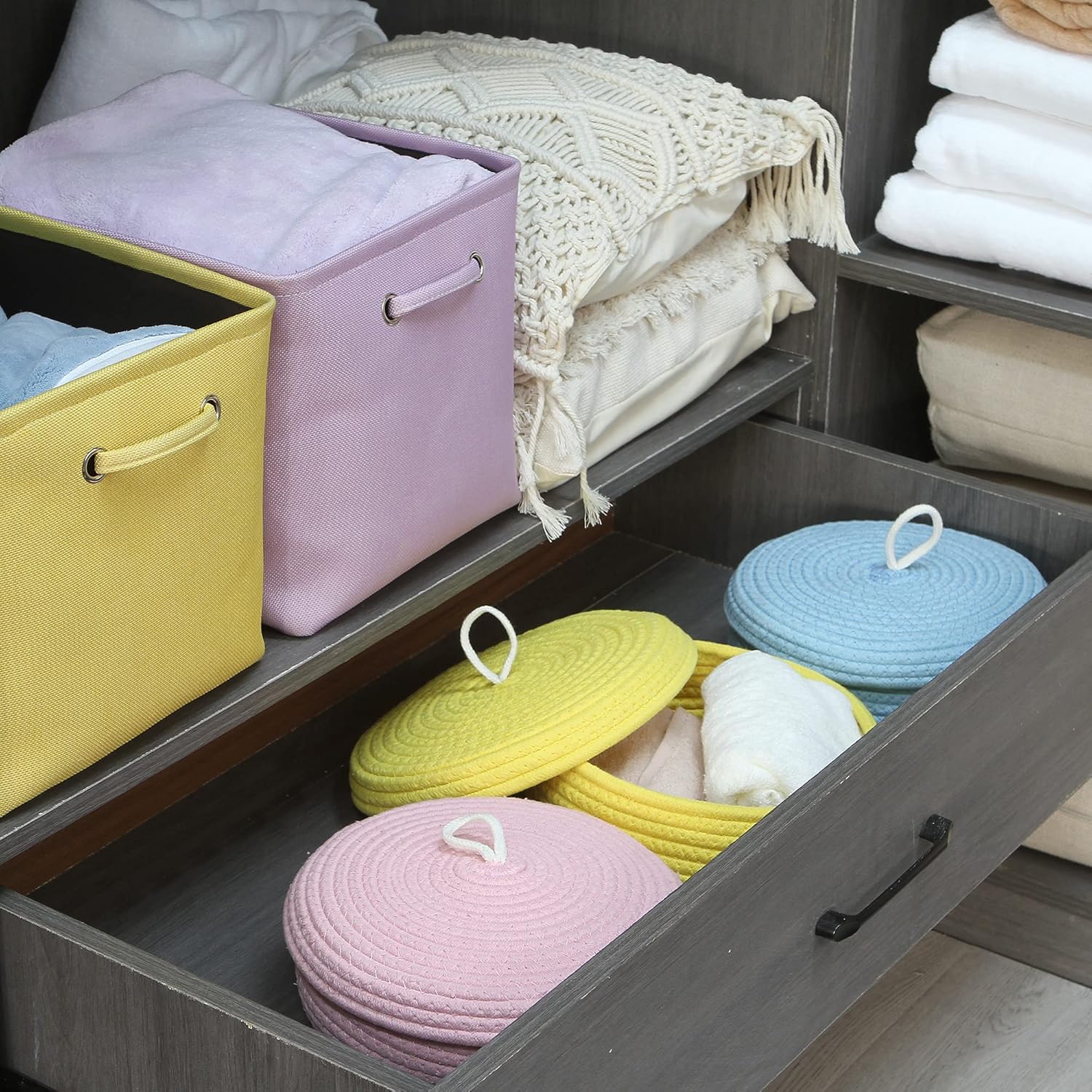 Sea Team Round Cotton Rope Storage Basket with Lid, Decorative Woven Storage Bin, Pot, Caddy, Organizer, Container for Snacks, Towels, Plants, 10 x 4.5 Inches (Small, Shallow, Blue)