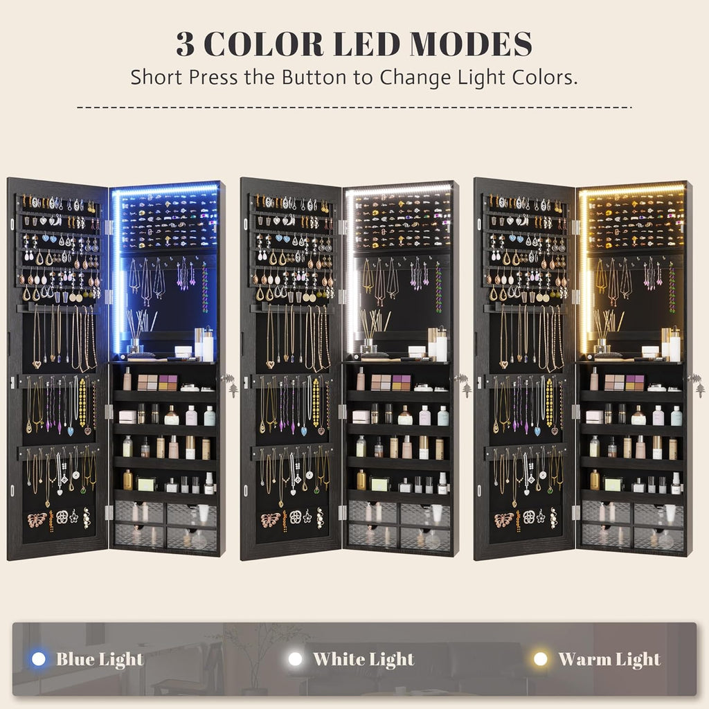 Vlsrka 47.2" LED Jewelry Armoire Organizer, Wall/Door Mounted with Full Length Mirror, Large Storage Hanging Cabinet, 4 Drawers, 5 Shelves, Built-in Lighted Mirror (Wood Black)