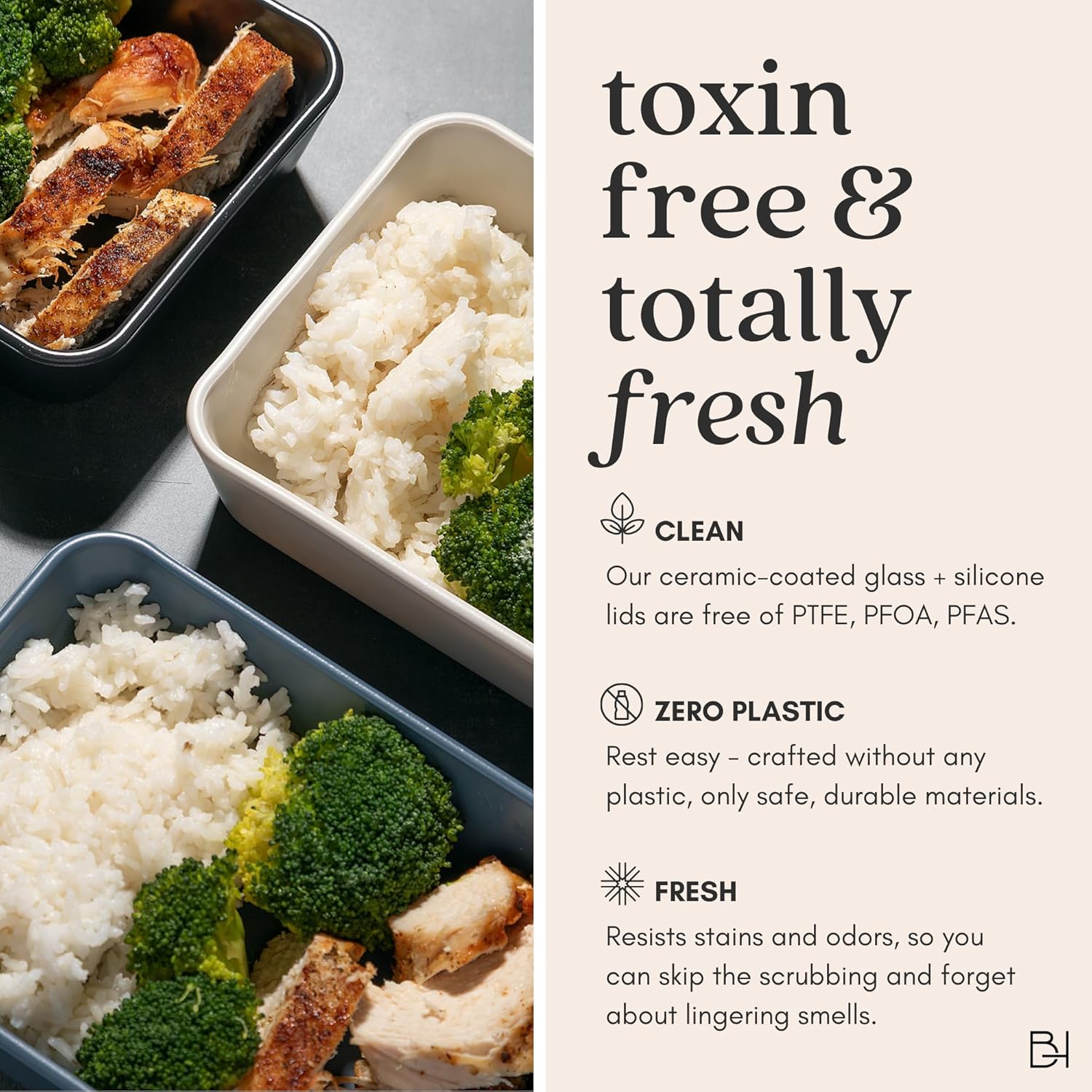 Ceramic Coated Glass Food Storage Container | No PTFE, PFOA, PFAS, and BPA | Reusable Non Toxic Meal Prep Container with Glass Lid | Easy To Store | 3 Cup Rectangle [Dusk]