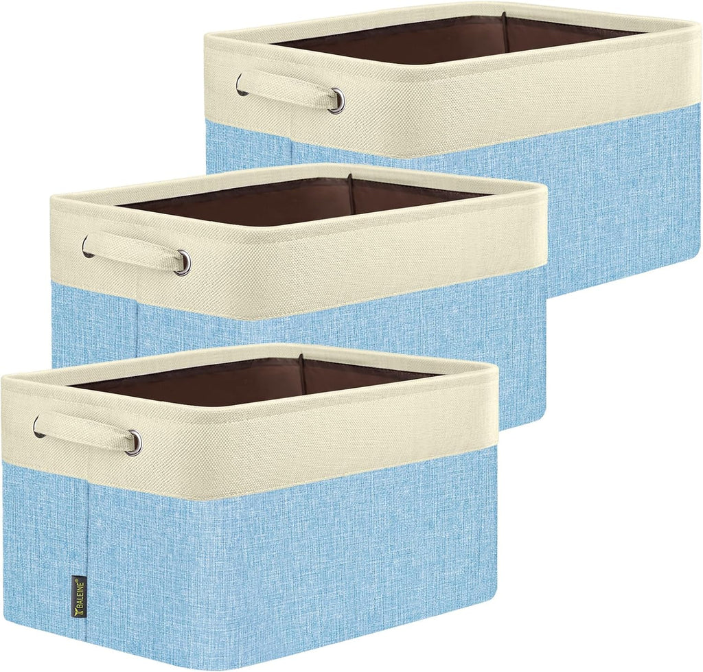 BALEINE 3 Pack Fabric Storage Bins for Shelves, Linen Storage Baskets for Organizing, Decorative Closet Bins for Clothes, Home (Skyblue, 17''x13''x10.5'')