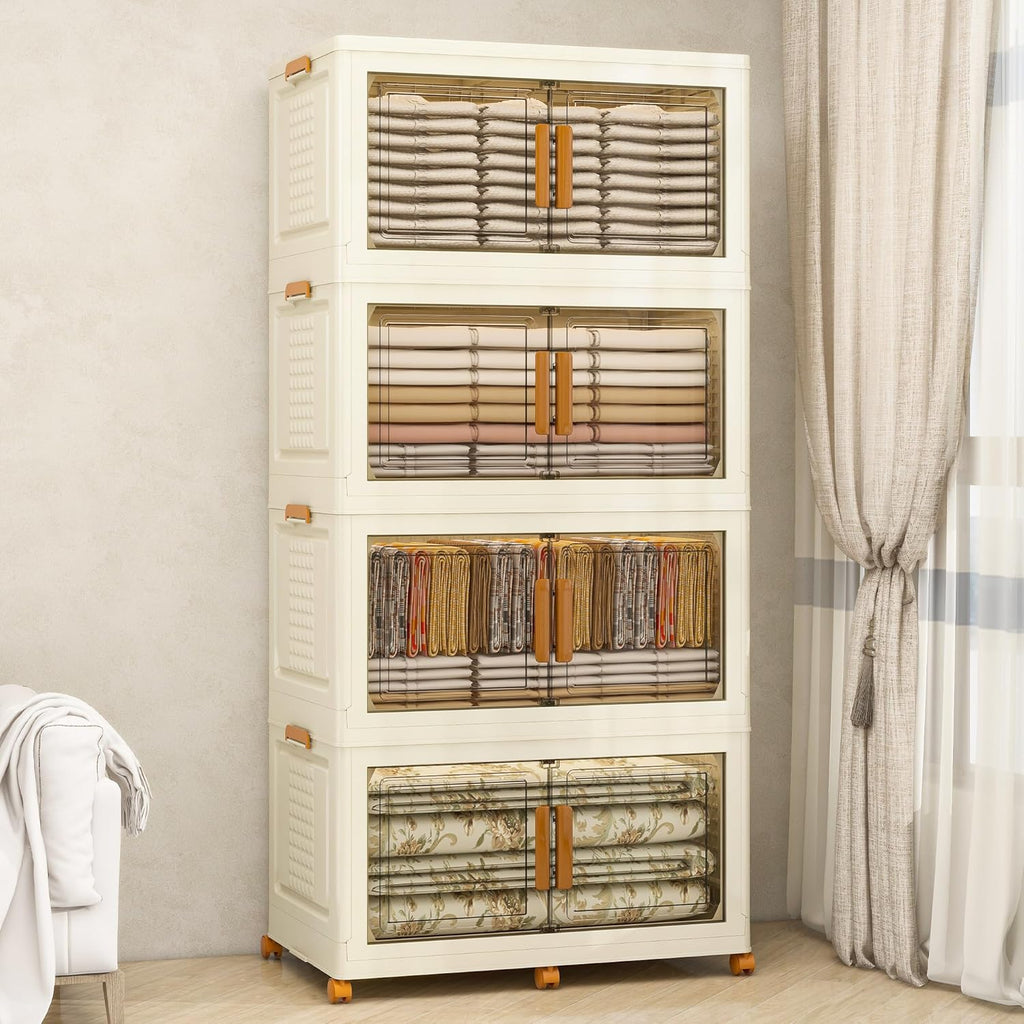 Plastic Stackable Storage Bins with Lids and Wheels, Foldable Closet Organizers and Storage Containers, Collapsible Clear Drawer Storage Cabinet with Doors Ivory White 608 QT