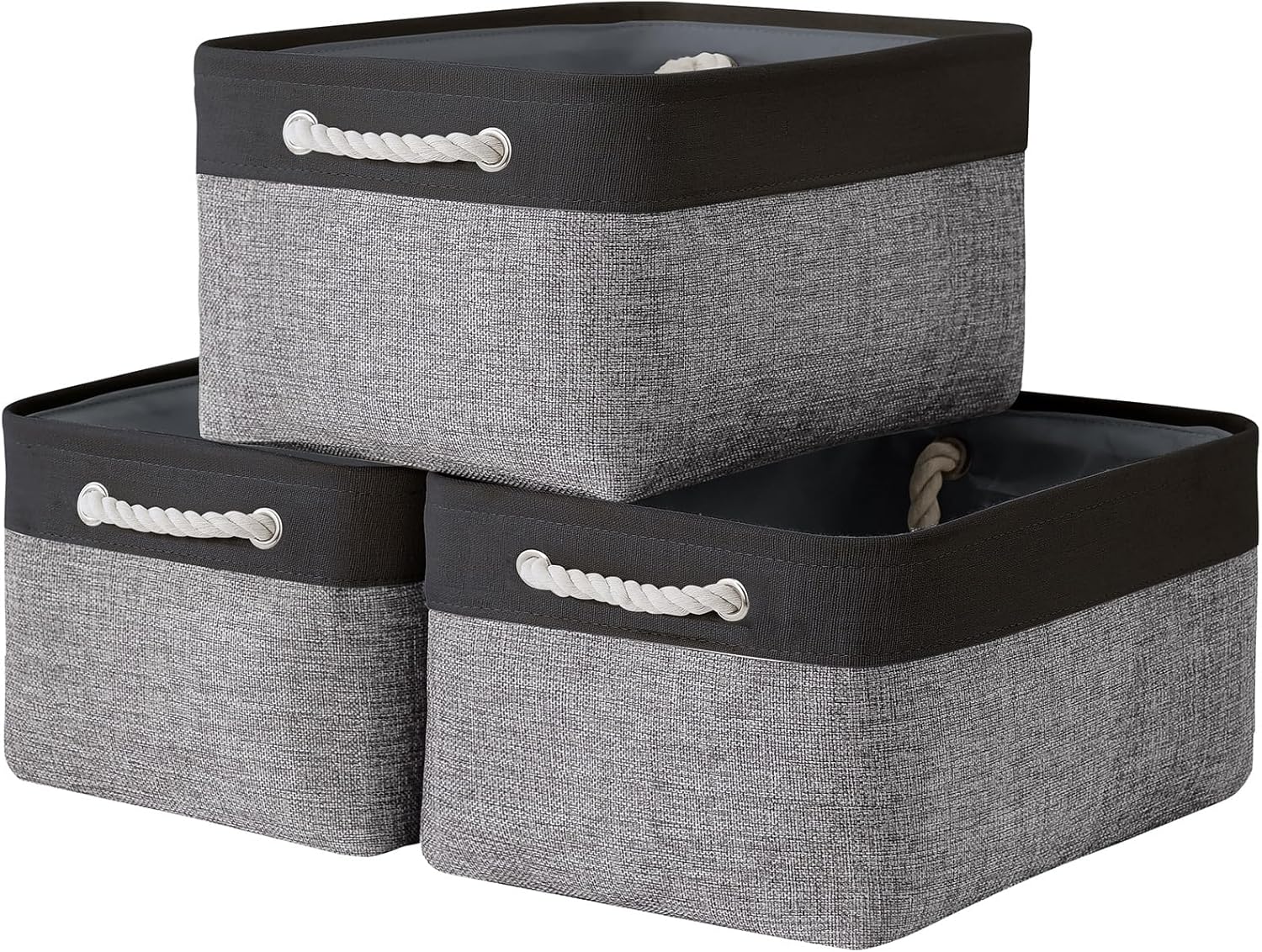 TheWarmHome Collapsible Storage Bin for Shelves - 16x12x8 inch Large 3 Pack Storage Basket for Organizing with Rope, Fabric Storage Cubes for Organizer Toy Cloth Gift Closet (Black & Grey)