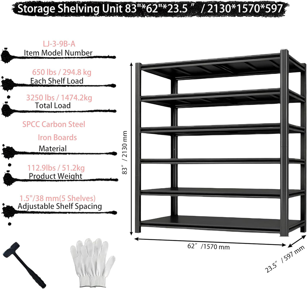 Industrial Storage Rack Heavy-Duty Steel Shelving Unit Multi-Purpose Garage Organization System Black 5-Tier 84" H x 62" W x 23.5" D