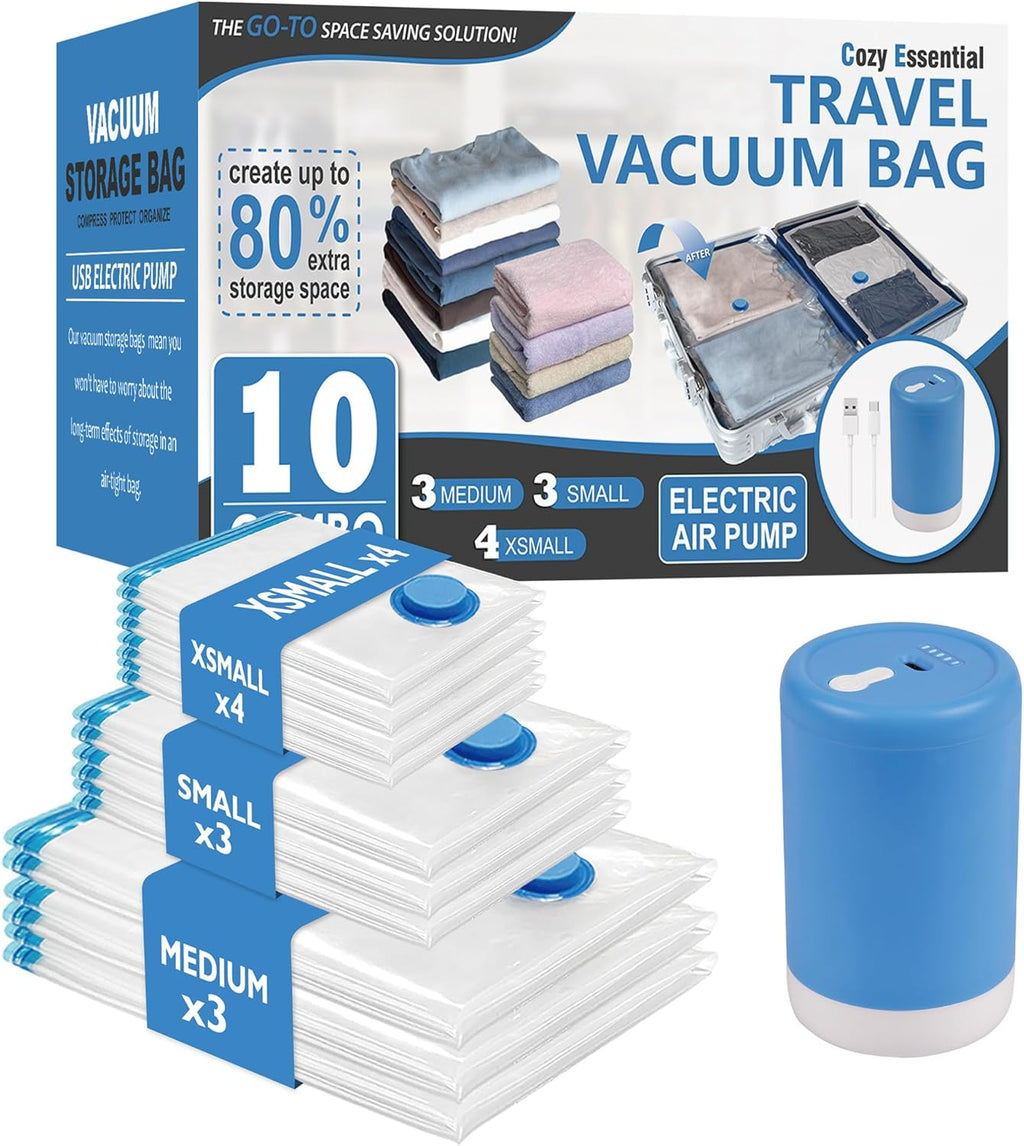 10 Pack Travel Vacuum Storage Bags with Rechargeable Wireless Electric Pump for Luggage, Suitcase, Carry-on Size Vacuum Seal Compression Space Saver Bags for Clothes and Clothing Travel