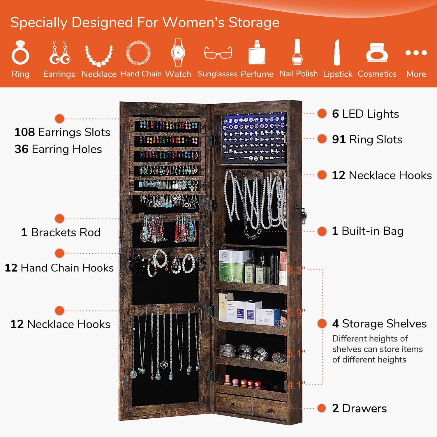 GISSAR Full Length Mirror Jewelry Cabinet, 6 LEDs Jewelry Armoire Wall Mounted Over The Door Hanging, Jewelry Organizer Storage with Lights Lockable, Vintage Brown, 14.6" x 47.2"