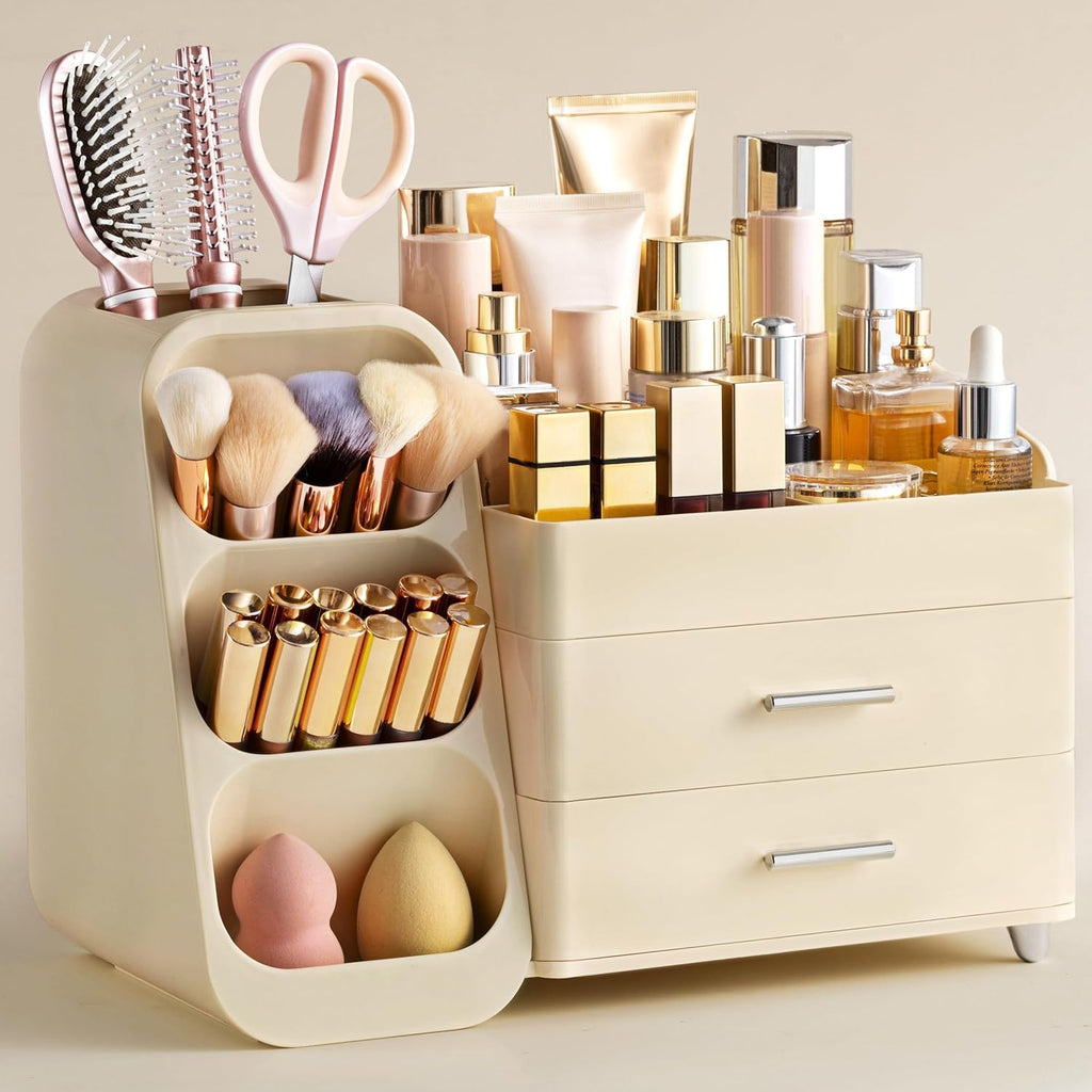 HBlife Makeup Organizer with Brush Holder for Vanity, Large Plastic Bathroom Countertop Organizer Skin Care Storage, Easy to Store Lipsticks, Nail Polishes, Perfumes, Eyeshadow Palettes, All Beige