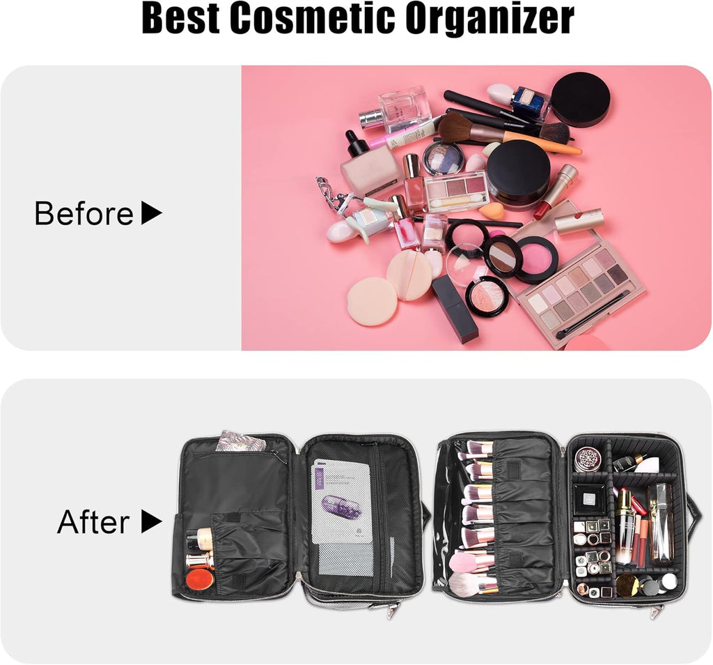 JOURMON Travel Makeup Train Case,Large Capacity Cosmetic Bags for Women,Portable Makeup Bag Organizer with Adjustable Dividers & Shoulder Strap (Crocodile Pattern Black,Medium)