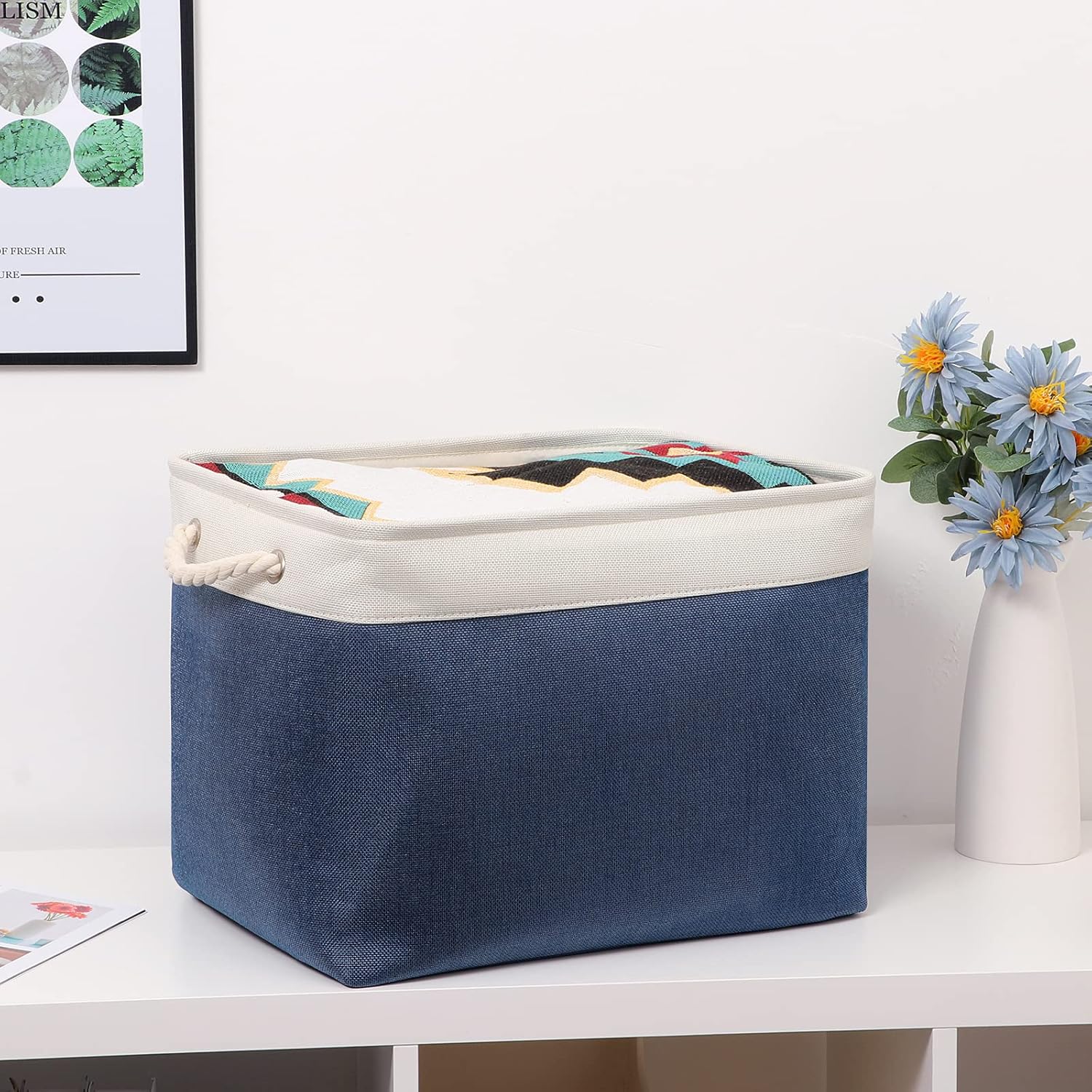 Bidtakay Fabric Storage Baskets with Handles for Organizing 16" x 11.8" x 11.8" Navy Blue Baskets [2-Pack] Shelf Baskets Large Canvas Collapsible Bins for Closet (White&Blue)