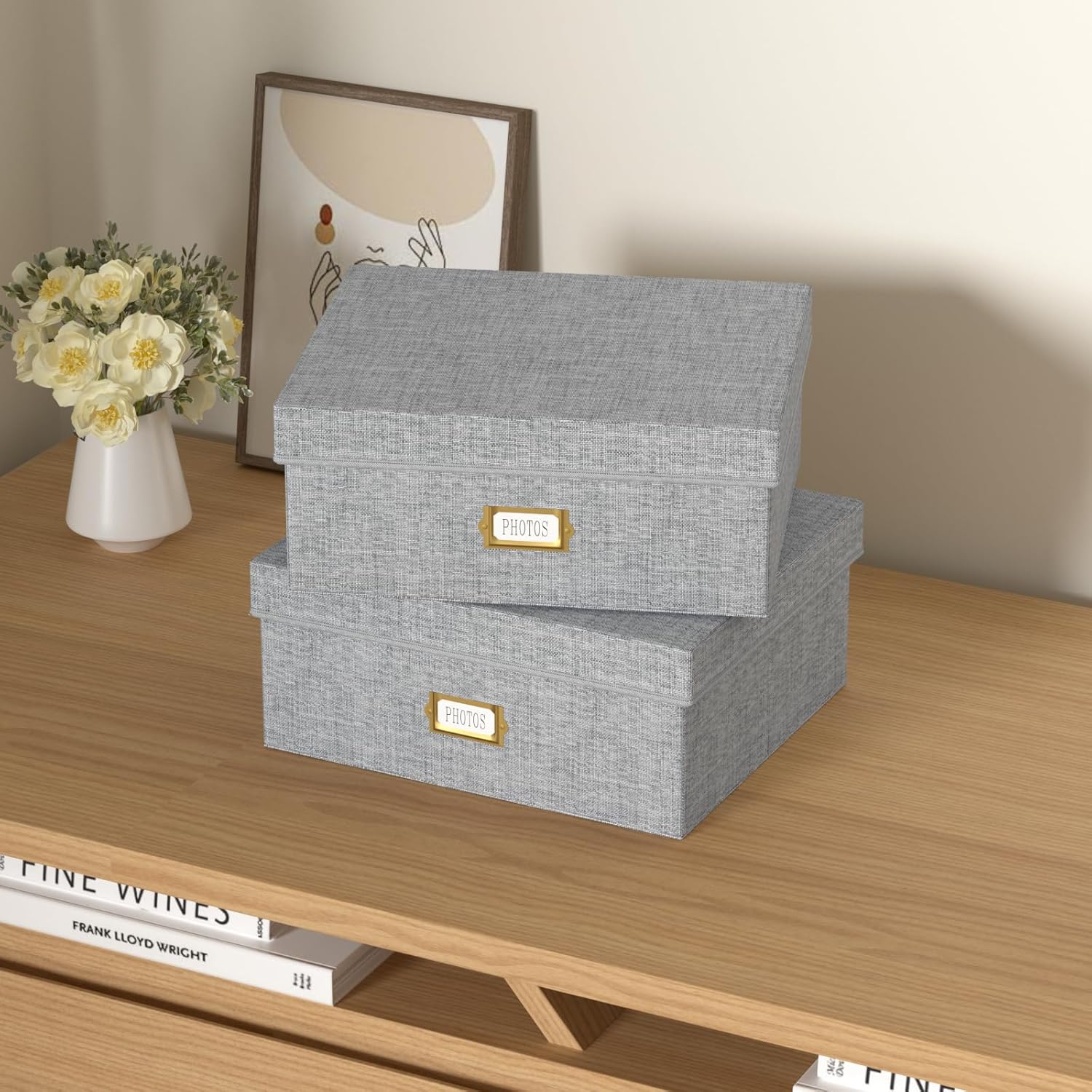 Decorative Photo Storage Box - 2 Pack Linen Photo Box Organizer with Dividers, Fits Holds Up to 1700 Pictures and 4x6 Photos, Memory Keepsake Organizer for Scrapbook Supplies, Cards, Stamps (Grey)