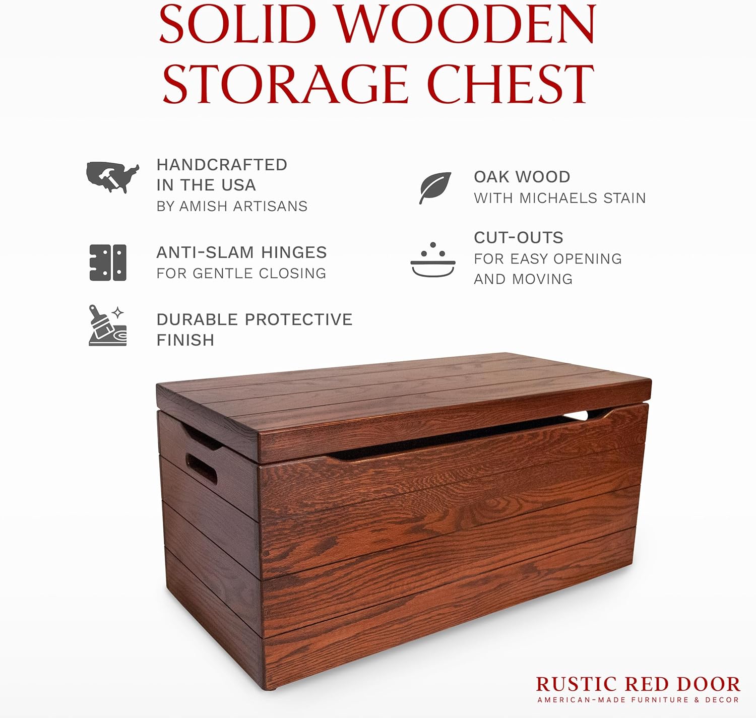 Amish Made Wooden Storage Chest Trunk Box with Lid and Handles for Bedroolanket, Clothes, Anti-Slam Hinges, Handmade, Rustic, Oak Wood, Michaels Stain, 36"