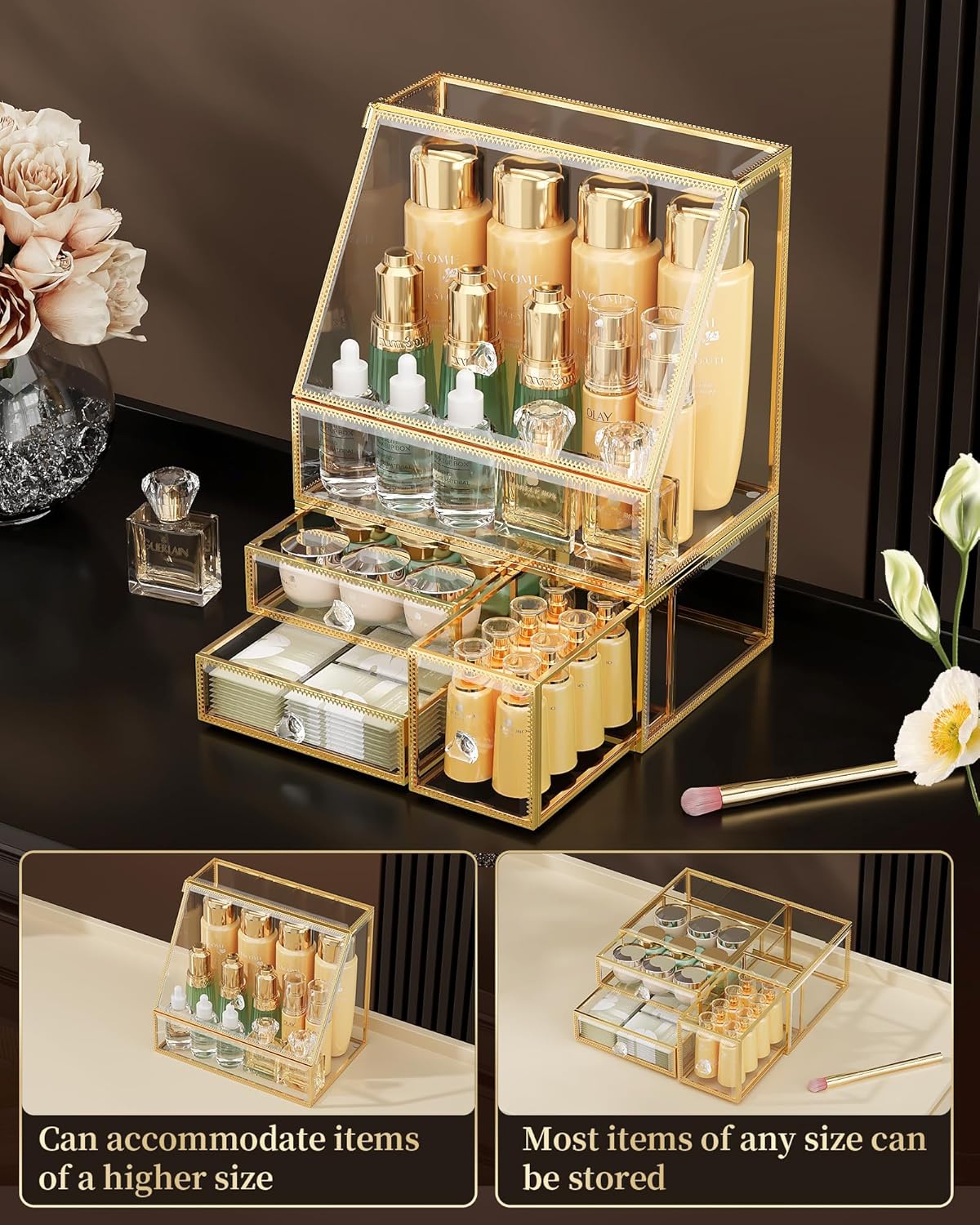 Tempered Glass Makeup Organizer – Clear Vanity Organizer with 18-Slot Lipstick Holder & Brush Organizer, Skincare and Perfume Storage for Dresser, Bathroom, and Countertop Use