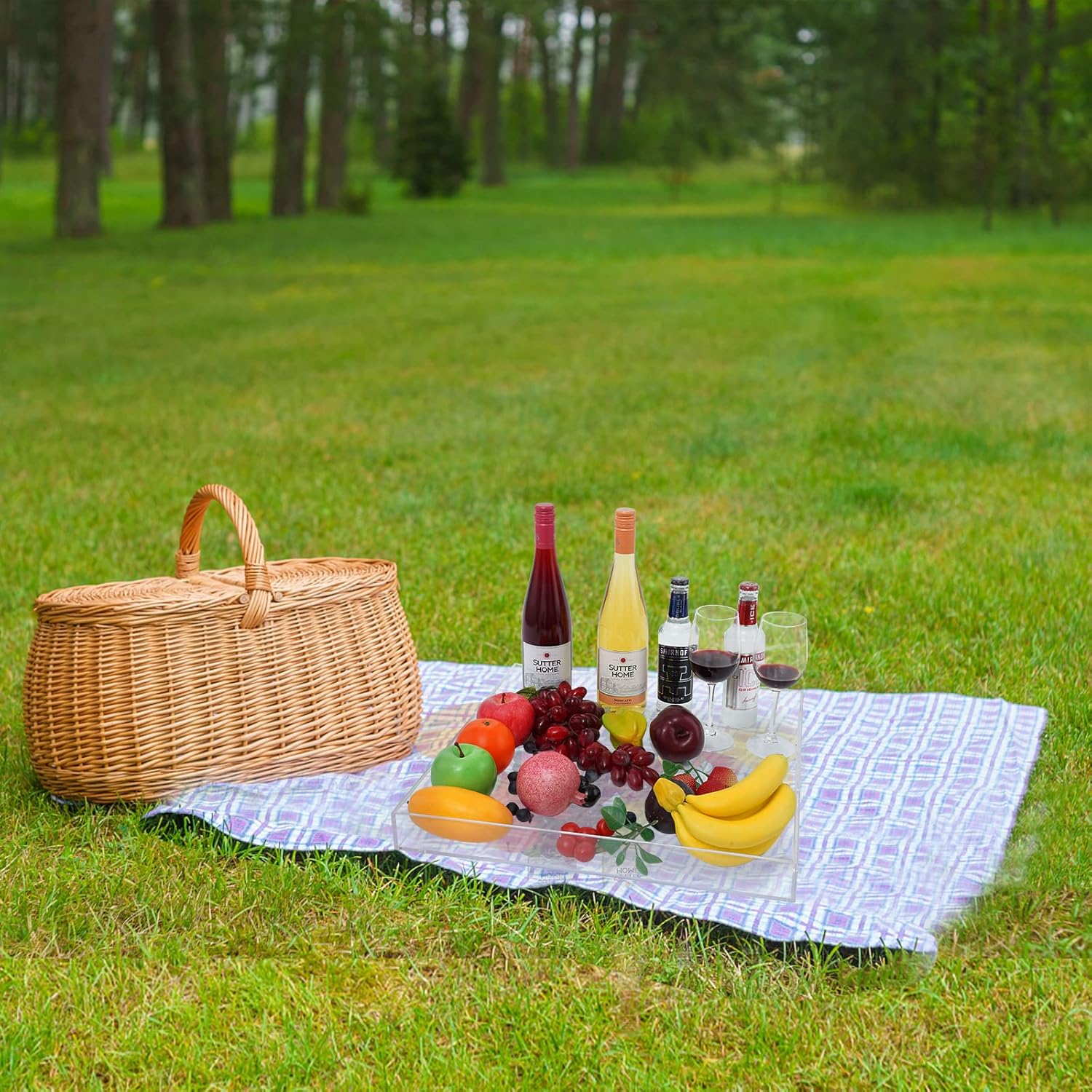 18×18 Inch Clear Acrylic Serving Tray with Handles Extra Large Ottoman Tray Decorative Tray Spill-Proof Coffee Table Space Saver Oversize Counter top Organizer Platter with Safe Edge