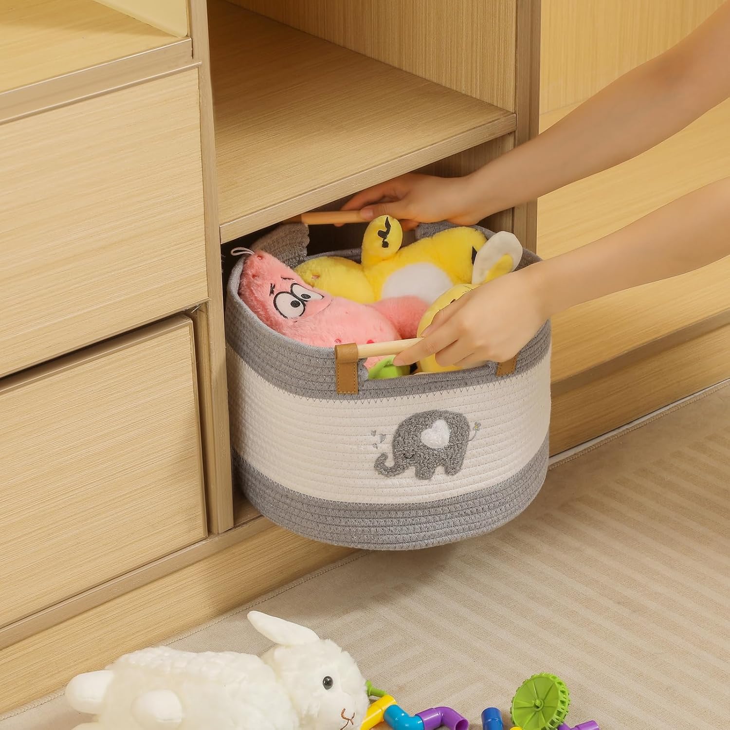 Cotton Rope Baskets for Kids Stuffed Animal Toys Storage for Nursery, Baby Baskets for Gifts Empty, Woven Basket with Wooden Handles Blanket Towel Toy 0rganizer Kids Blanket Storage Bins