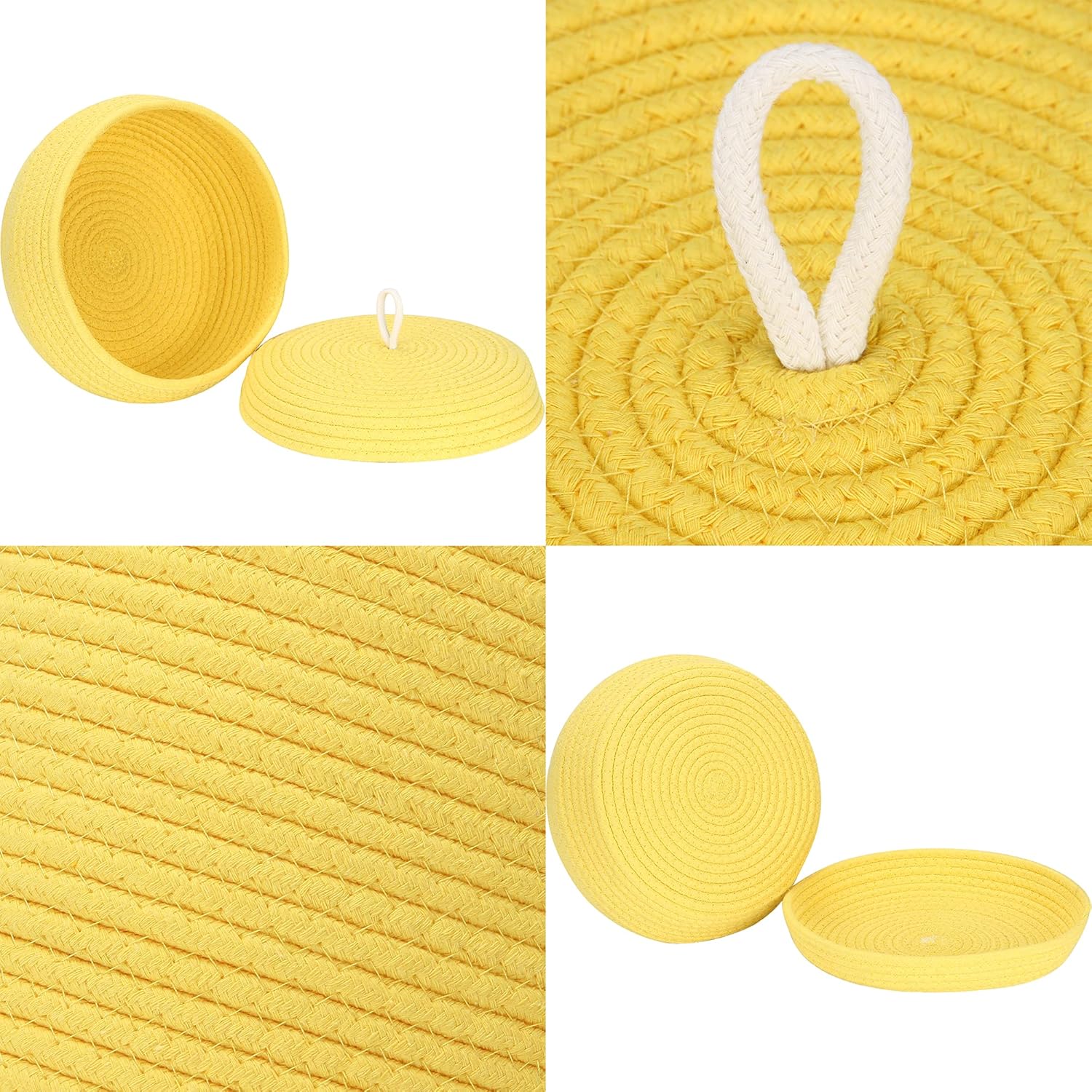 Sea Team Round Cotton Rope Storage Basket with Lid, Decorative Woven Storage Bin, Pot, Caddy, Organizer, Container for Snacks, Towels, Plants, 13 x 5.5 Inches (Large, Shallow, Yellow)