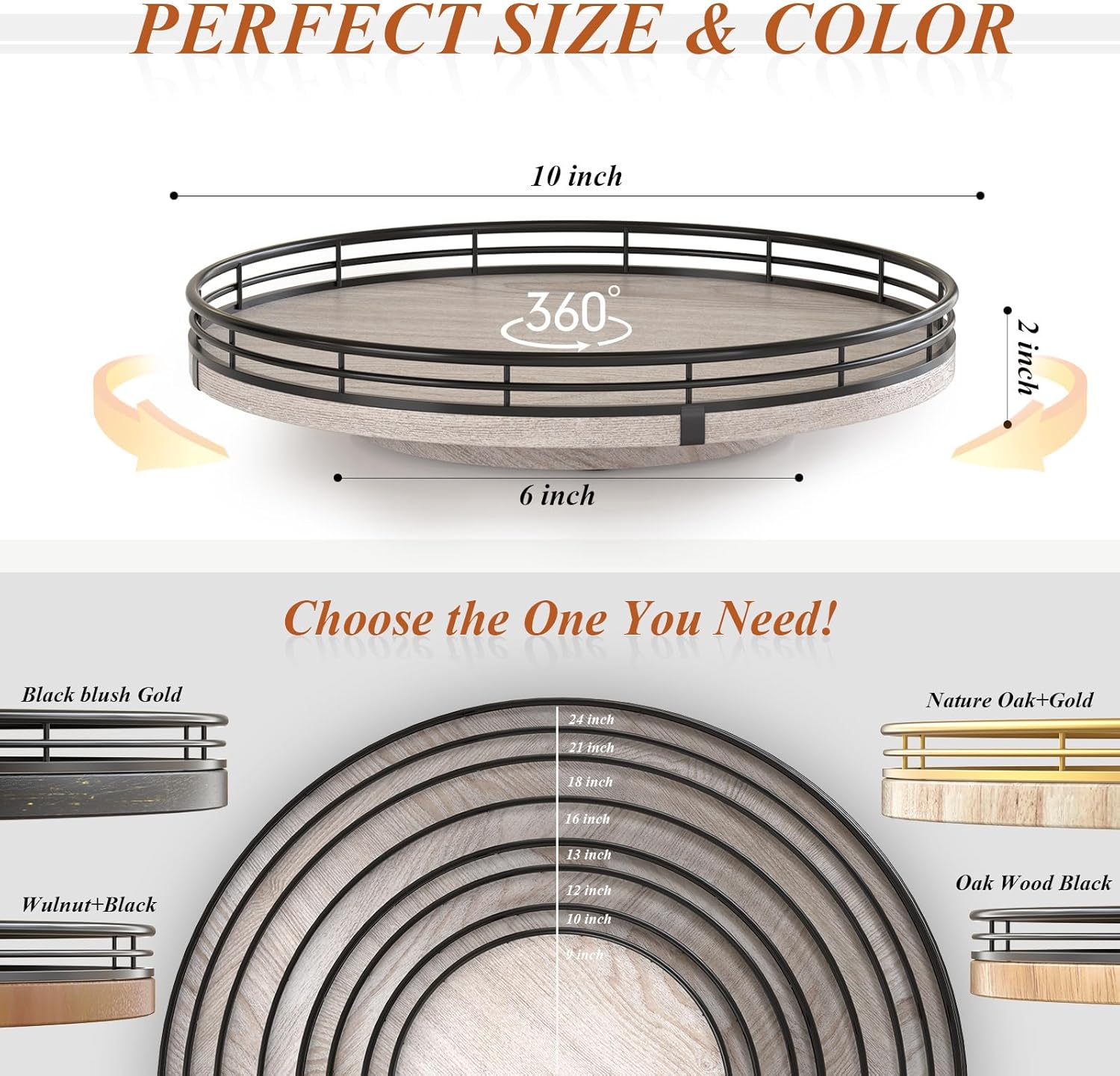 10" Oak Bathroom Vanity Tray Turntable for Perfume Candle, Round Wooden Decorative Tray for Kitchen Sink Countertop Organizer, Bathroom Counter Organizer for Skincare Makeup, Rustic Whitewased