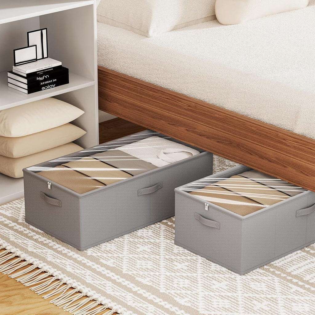 10 Inch 2 Pack Under Bed Storage Containers, 10 Inch Tall Underbed Clothes Storage Organizer Bin with Clear Window，Foldable Box Basket for Clothes, Closet, Bed Sheets and Blankets Gray