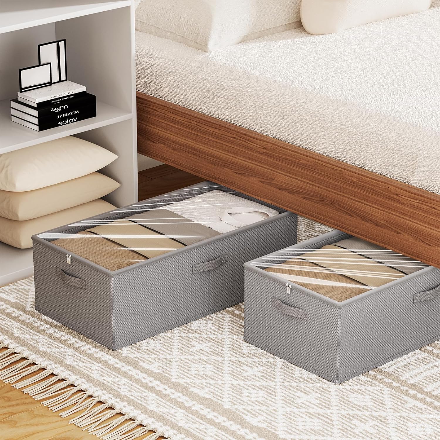 10 Inch 2 Pack Under Bed Storage Containers, 10 Inch Tall Underbed Clothes Storage Organizer Bin with Clear Window，Foldable Box Basket for Clothes, Closet, Bed Sheets and Blankets Gray