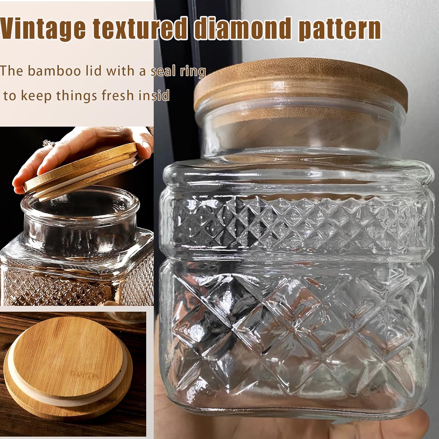 Viovian Decorative Glass Jar with Lid and Spoon 38 OZ Square Thick Glass Storage Jars Airtight Lids Clear Vintage Canister Container for Food Candy Cookie Sugar Coffee Tea Nuts Snack Dog Treat