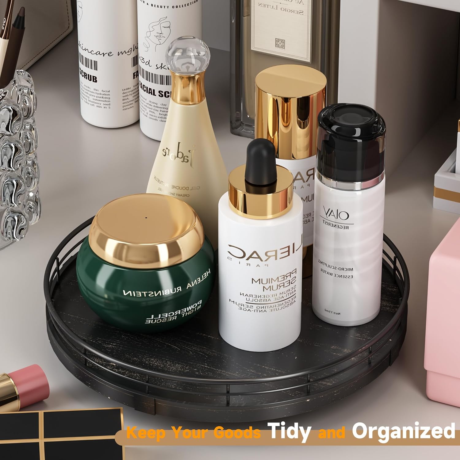 10" Oak Bathroom Vanity Tray Turntable for Perfume Candle, Round Wooden Decorative Tray for Kitchen Sink Countertop Organizer, Bathroom Counter Organizer for Skincare Makeup, Farmhouse Black Gold