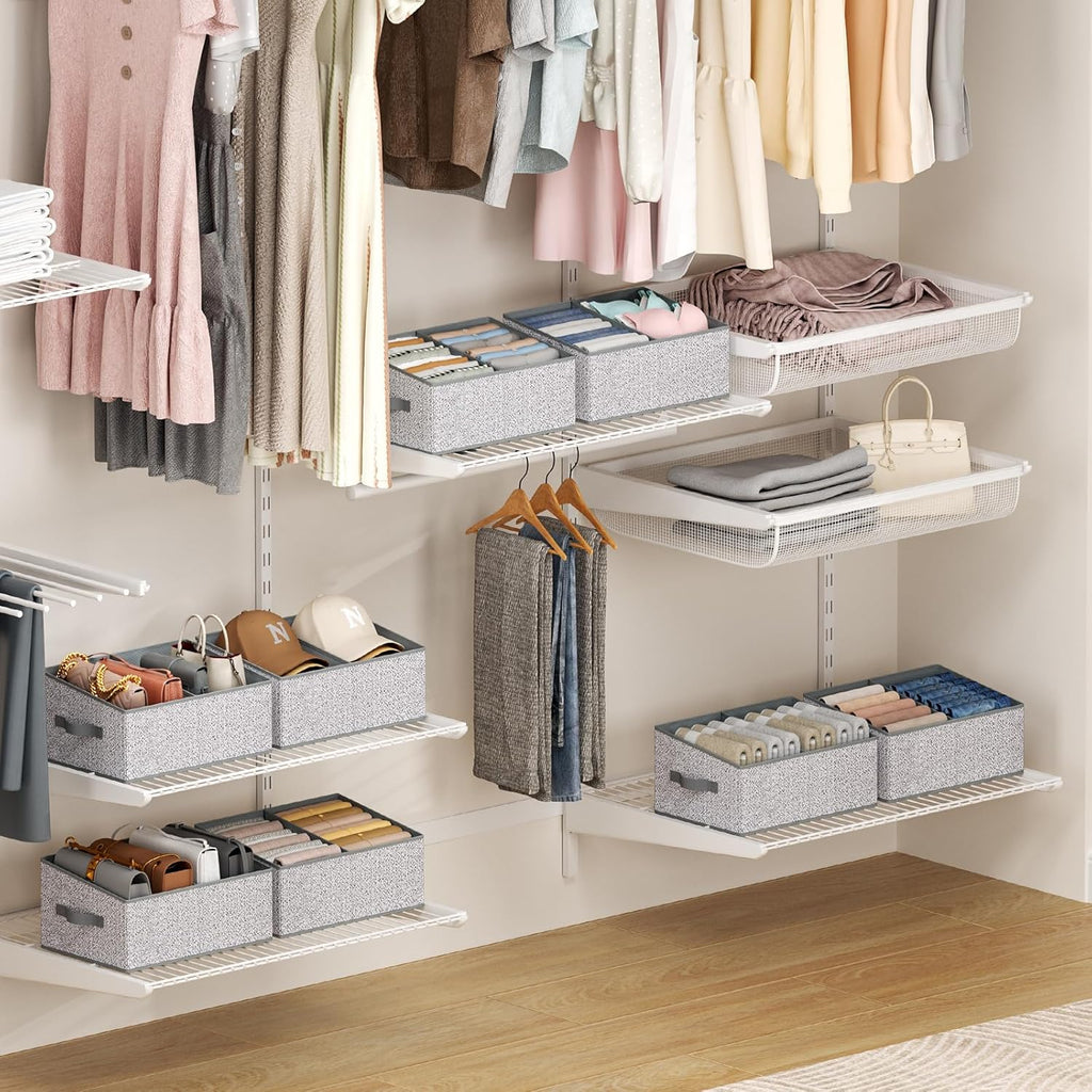 DIMJ Large Closet Shelf Organizer Bins 6 Packs with Handles and Divider, Fabric Trapezoid Storage Baskets, Foldable Clothes Containers Box for Shelf, Towel, Book, Toy, Purse, Hats, Grey