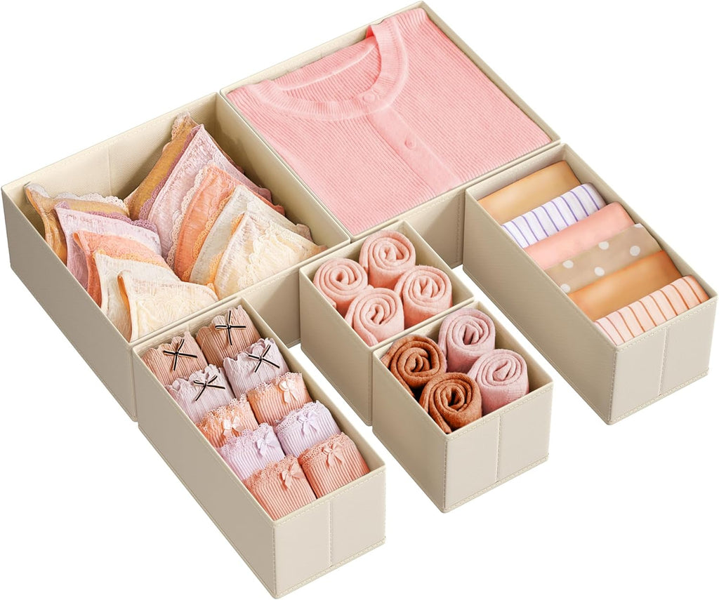 SONGMICS Drawer Organizer, Dresser Drawer Organizers, Set of 6, Foldable Fabric Storage Bins for Socks, Underwear, Bras, Ties, Scarves, Surmmer Sand URDZ006Y01
