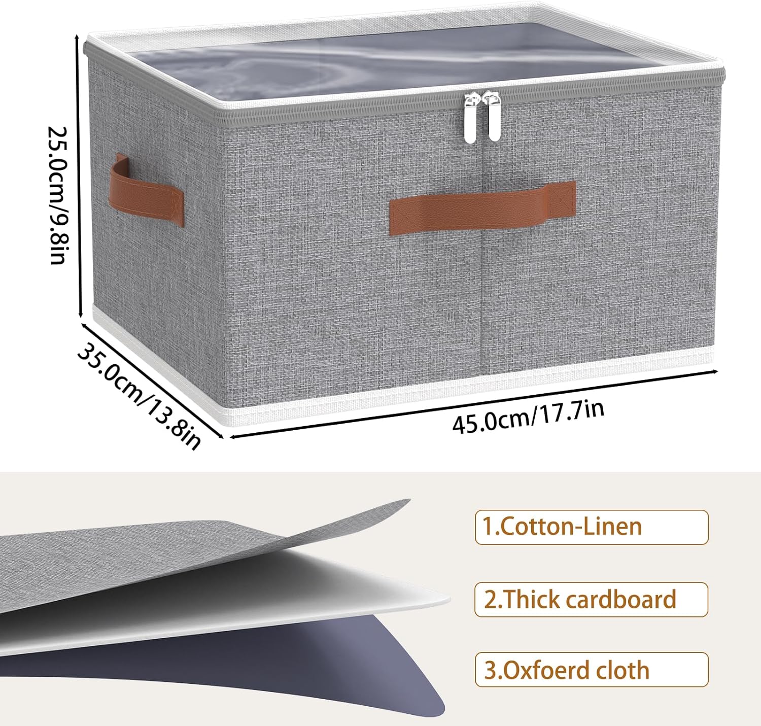 OUTBROS Large Storage Boxes, Foldable Bags with Lid, Wardrobe Organiser with Handle and Zipper, Used for storing clothes, blankets, pillows, 17.7 x 13.8 x 9.8 inch, 2-Pack