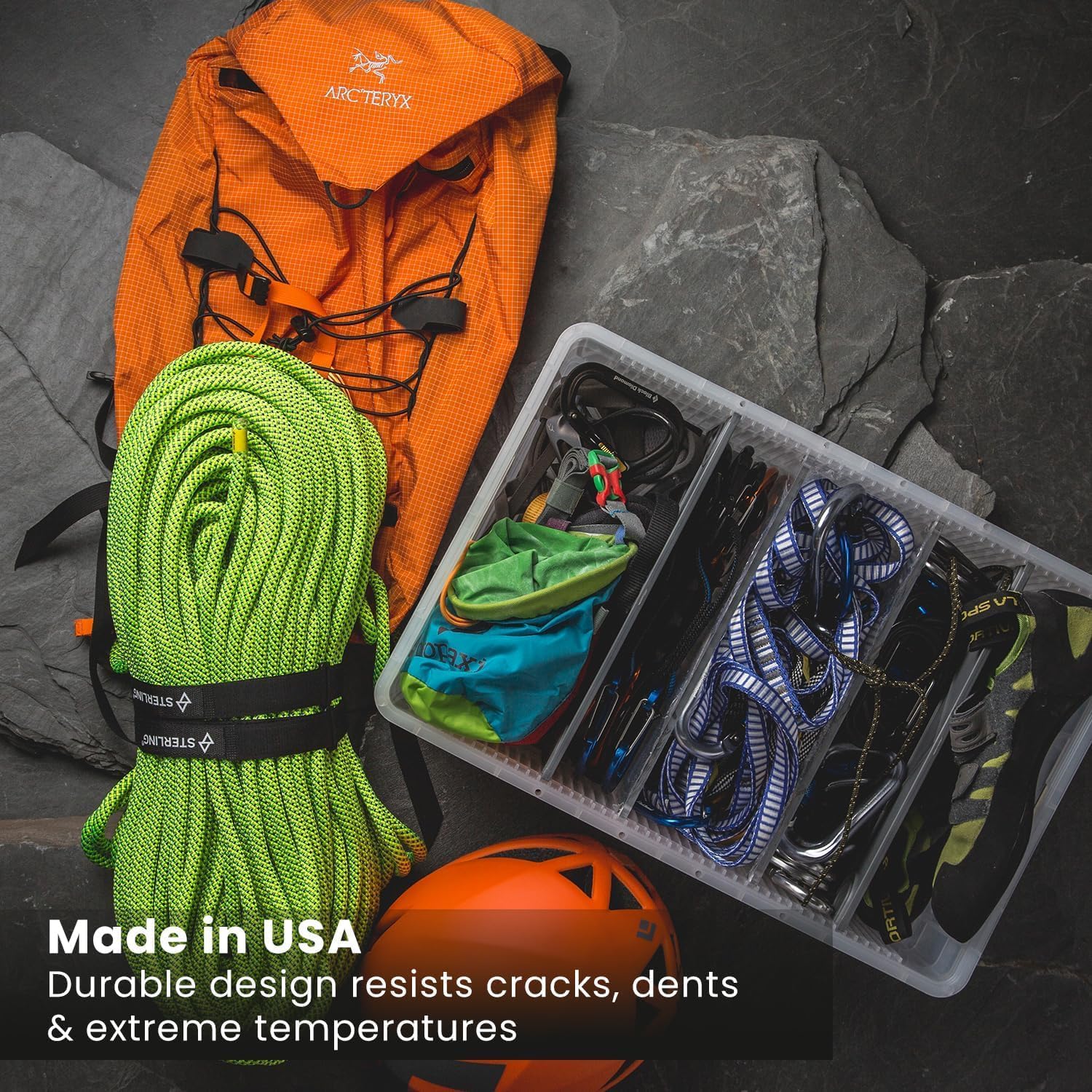 SIDIO Quarter Crate 4 Pack of Stackable Storage Bins - Organizer Bins with Dividers for Garage Organization, Home Storage - Heavy Duty Plastic Containers - 19.16” x 12.75”x 4.57” (Tan)