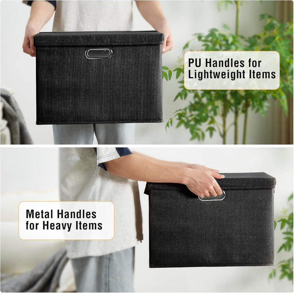17" Large Collapsible Storage Bins with Lids, Stackable Closet Organizers with PU Handle and Labels, 3-Pack Decorative Fabric Storage Boxes for Home, Bedroom, Closet, Office, Nursery(Black)