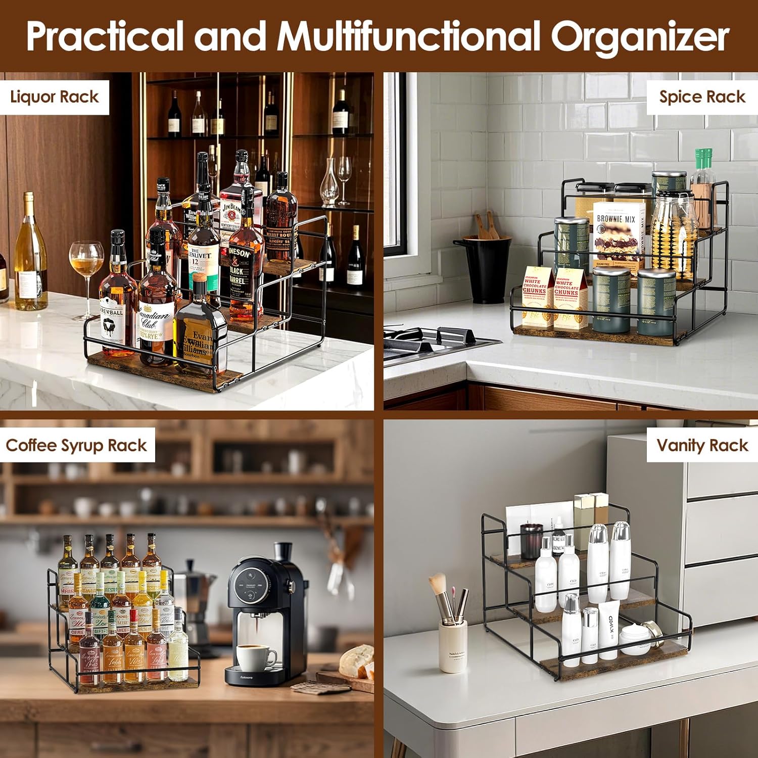 Nuovoware Liquor Bottle Display Shelf, 3-Tier Liquor Shelf, Carbon Steel Bar Cabinet with Wooden Base and Retainer Bar for Whiskey Syrup Wine, Wine Rack for Countertop Kitchen Coffee Bar, Black