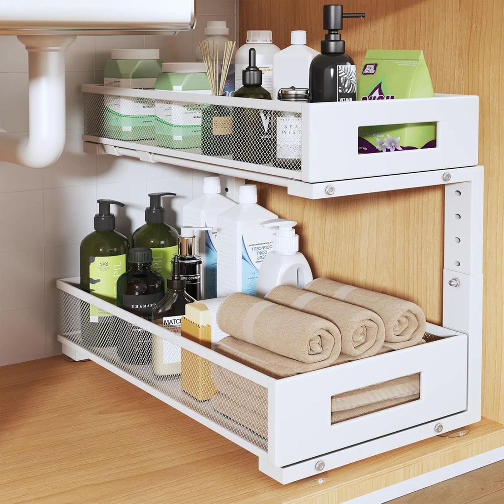 1 Pack 19IN Depth Under Sink Organizer, 2-Tier Pull Out Cabinet Organizer With Smooth Circular Rail, Large Capacity Metal Mesh Sliding Drawers For Bathroom& Kitchen Storage,Height Adjustable –White