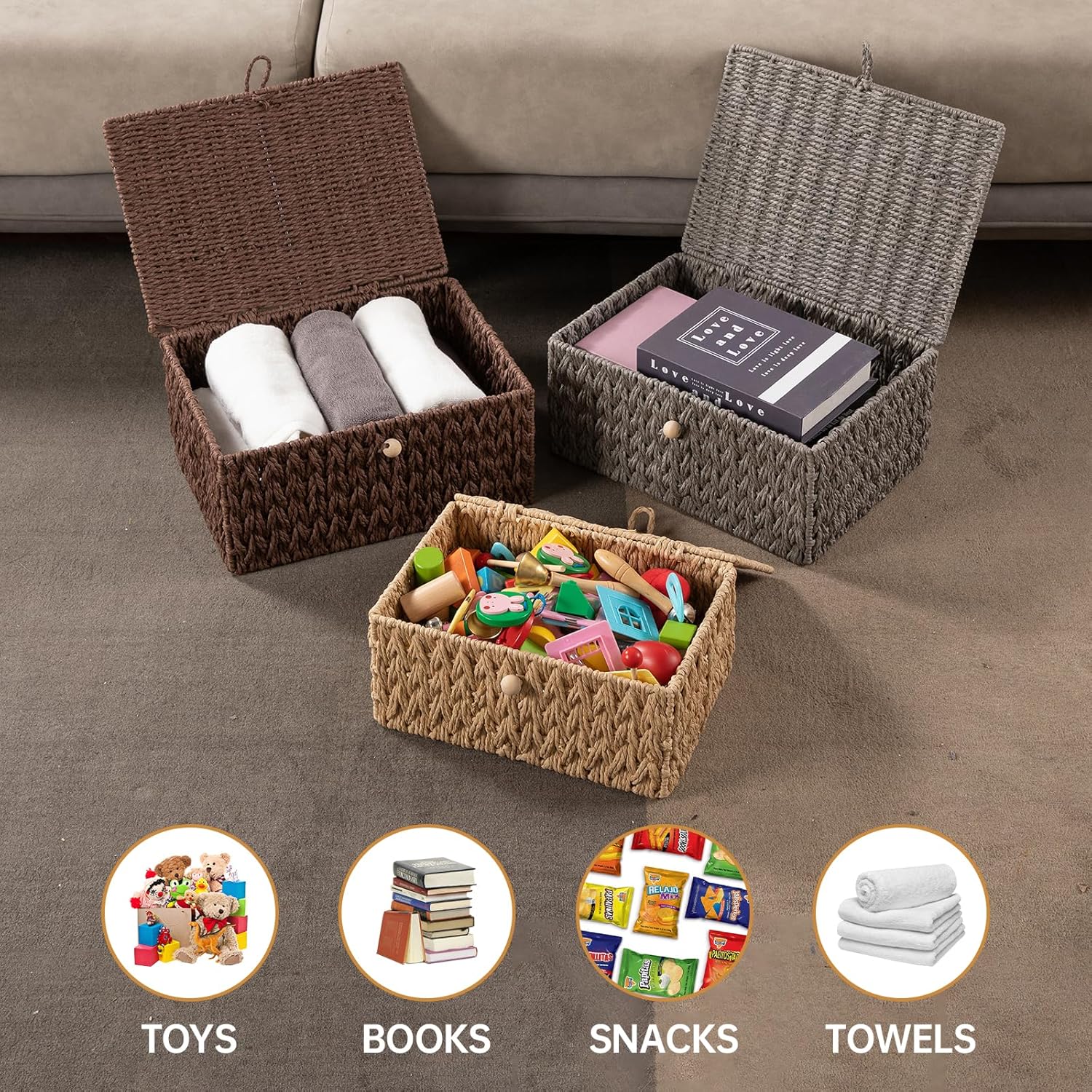 OIAHOMY Wicker Storage Basket with Lid & Lock, Lidded Storage Bins, Decorative Baskets for Organizing, Set of 2-Brown