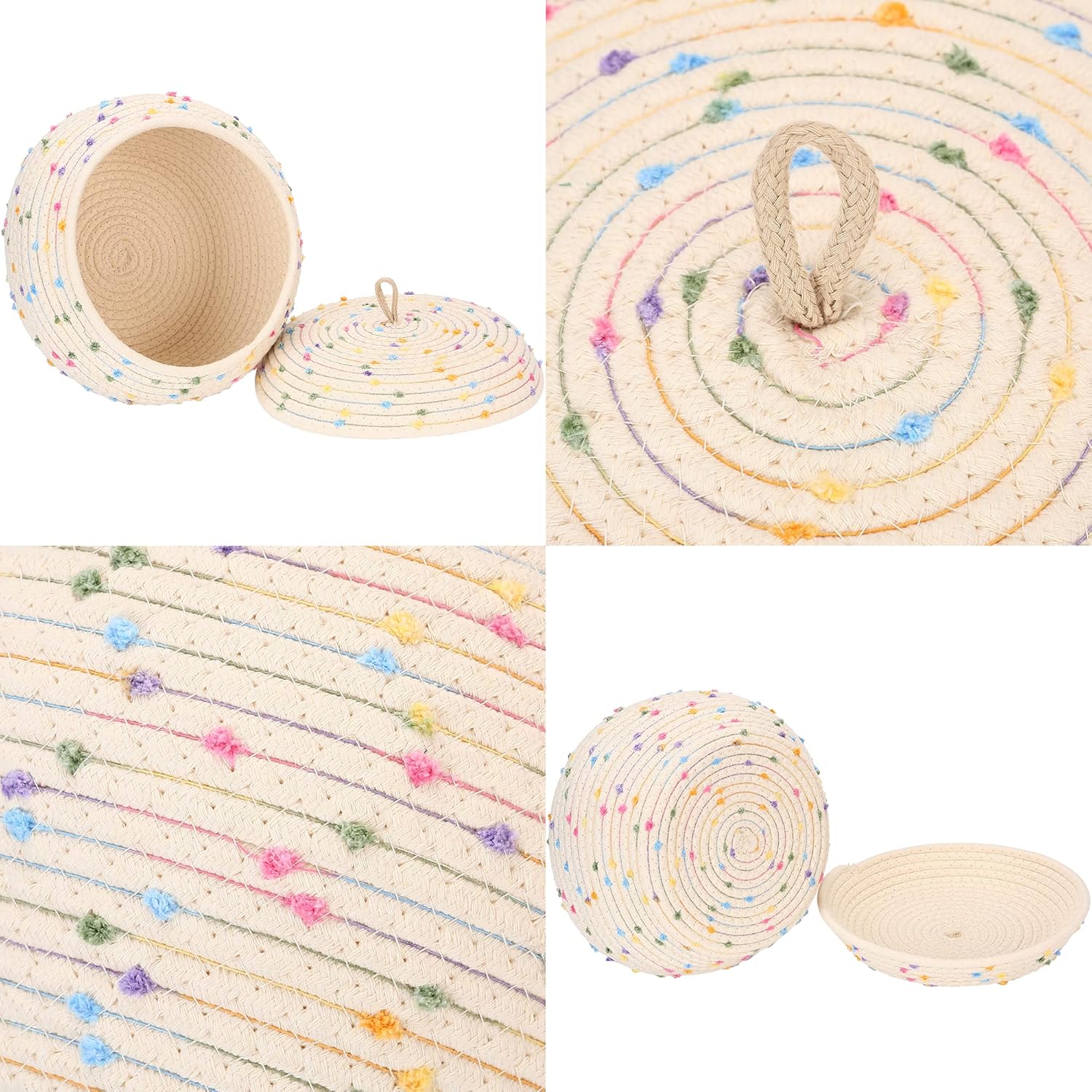 Sea Team Round Cotton Rope Storage Basket with Lid, Colorful Rainbow Pompom Woven Storage Bin, Pot, Caddy, Organizer, Container for Snacks, Towels, Plants, 10 x 7.5 Inches (Small, Rainbow)