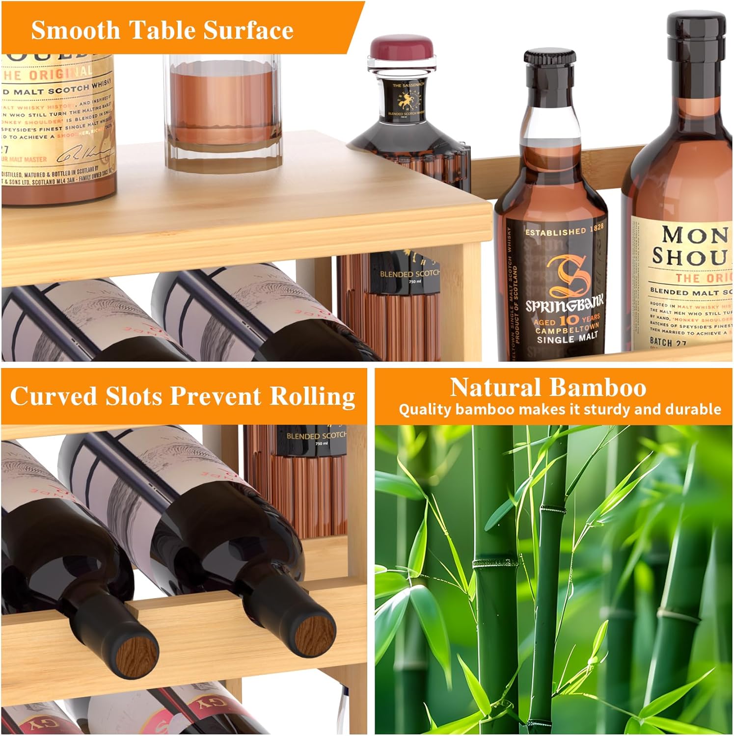 VASMIA Versatile Liquor Stand for Home Bar, Wine Rack Freestanding Floor, Mini Bar Table with Bamboo Trapezoidal Liquor Bottle Display Shelf Cabinet for Living Room, Natural