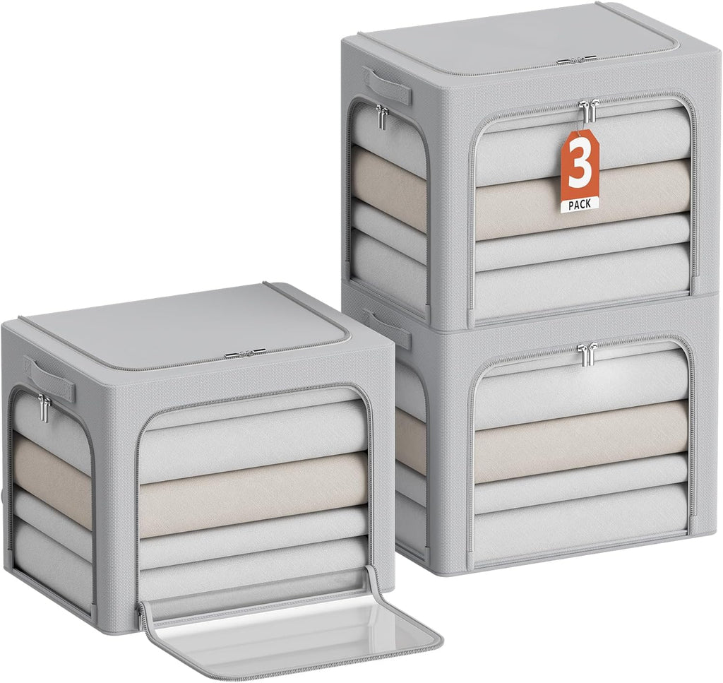 CYhom 3Pack Clothes Storage Bins - Oxford Frame Storage Box Foldable Stackable Storage Organizer with 3 Openings Design, Metal Frame, Clear Window, Carry Handles (36L-15.7 * 11.8 * 11.8in, Grey)