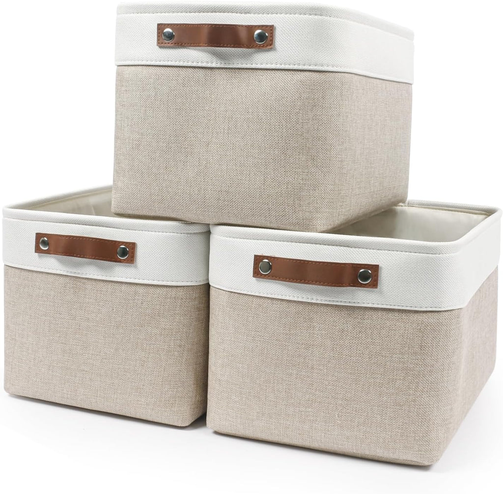 Storage Bins Large Fabric Storage Baskets for Shelves 3 Pack, Decorative Linen Closet Baskets with Handles for Organizing, Shelf, Clothes, Home, Office, 15x11x9.5Inches (Beige&White)