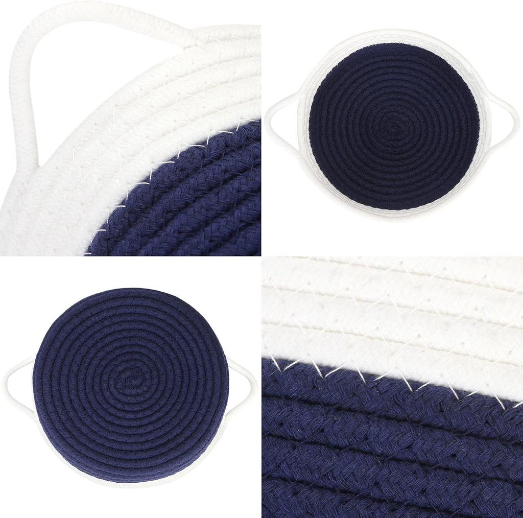 Sea Team 2-Pack Cotton Rope Baskets, 10 x 3 Inches Small Woven Storage Basket, Fabric Tray, Bowl, Round Open Dish for Fruits, Jewelry, Keys, Sewing Kits (Dark Blue & White)