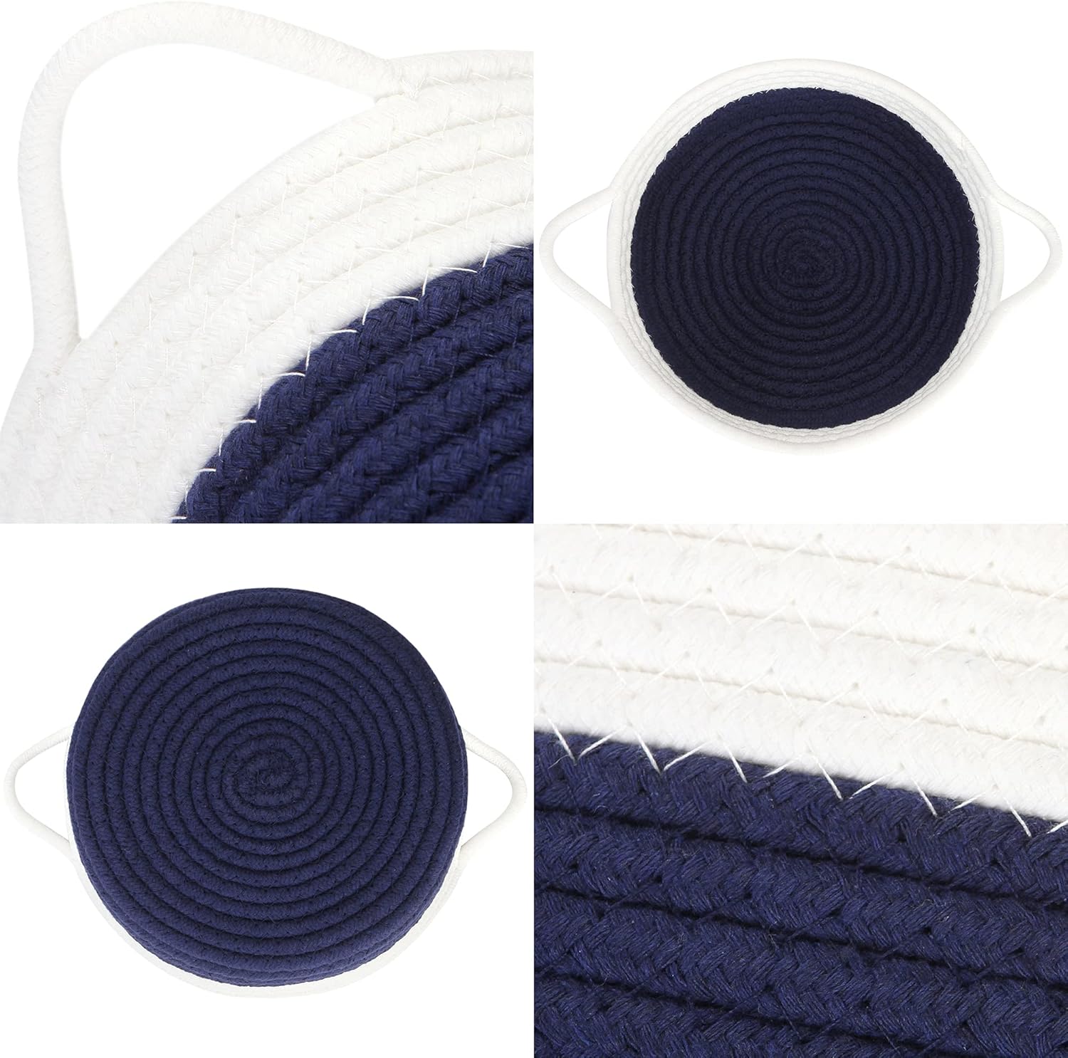 Sea Team 2-Pack Cotton Rope Baskets, 10 x 3 Inches Small Woven Storage Basket, Fabric Tray, Bowl, Round Open Dish for Fruits, Jewelry, Keys, Sewing Kits (Dark Blue & White)