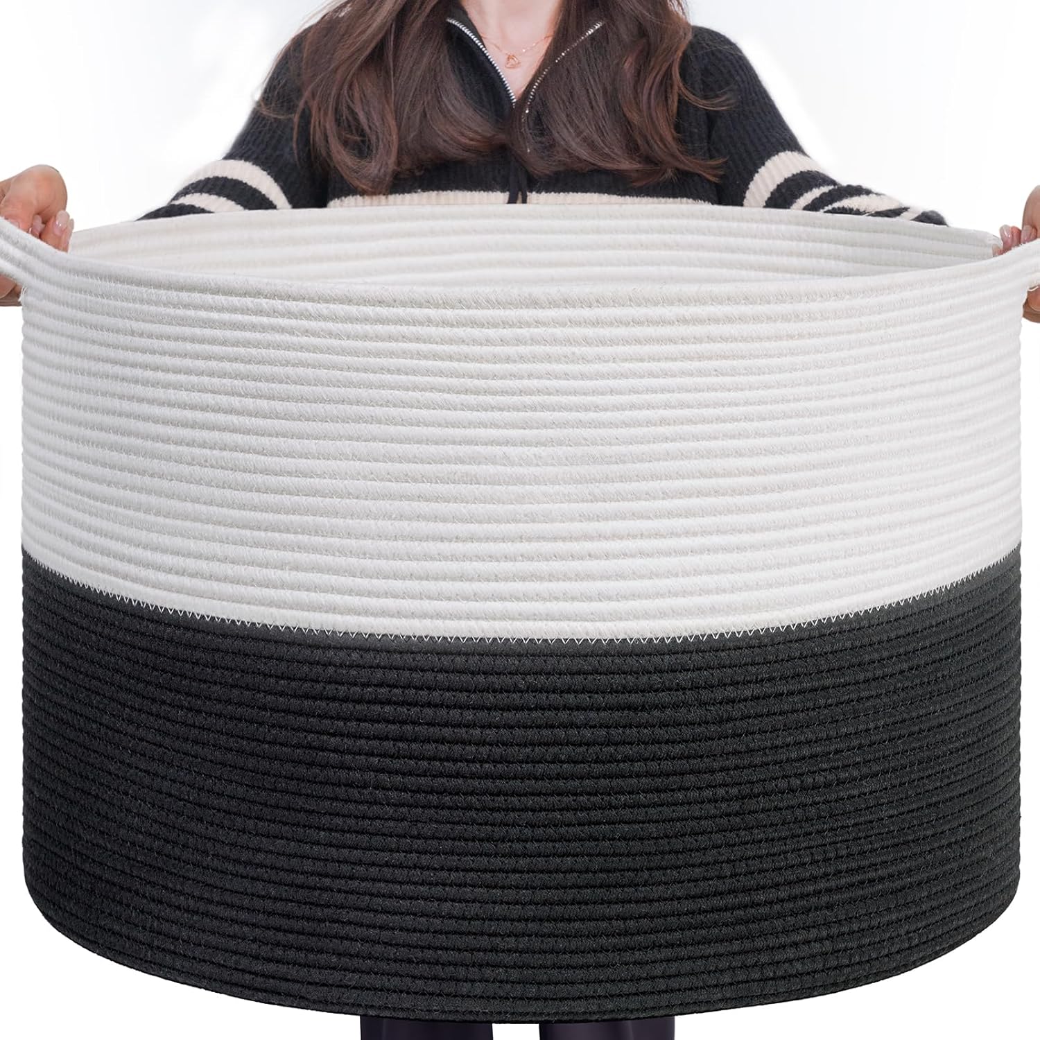 INDRESSME Large Cotton Rope Baskets for Storage, 21.7 x 13.8 Blanket Storage for Living Room Toy Baskets Kids, Baby Laundry Basket for Dirty Clothes, Pillows, 90L White & Black