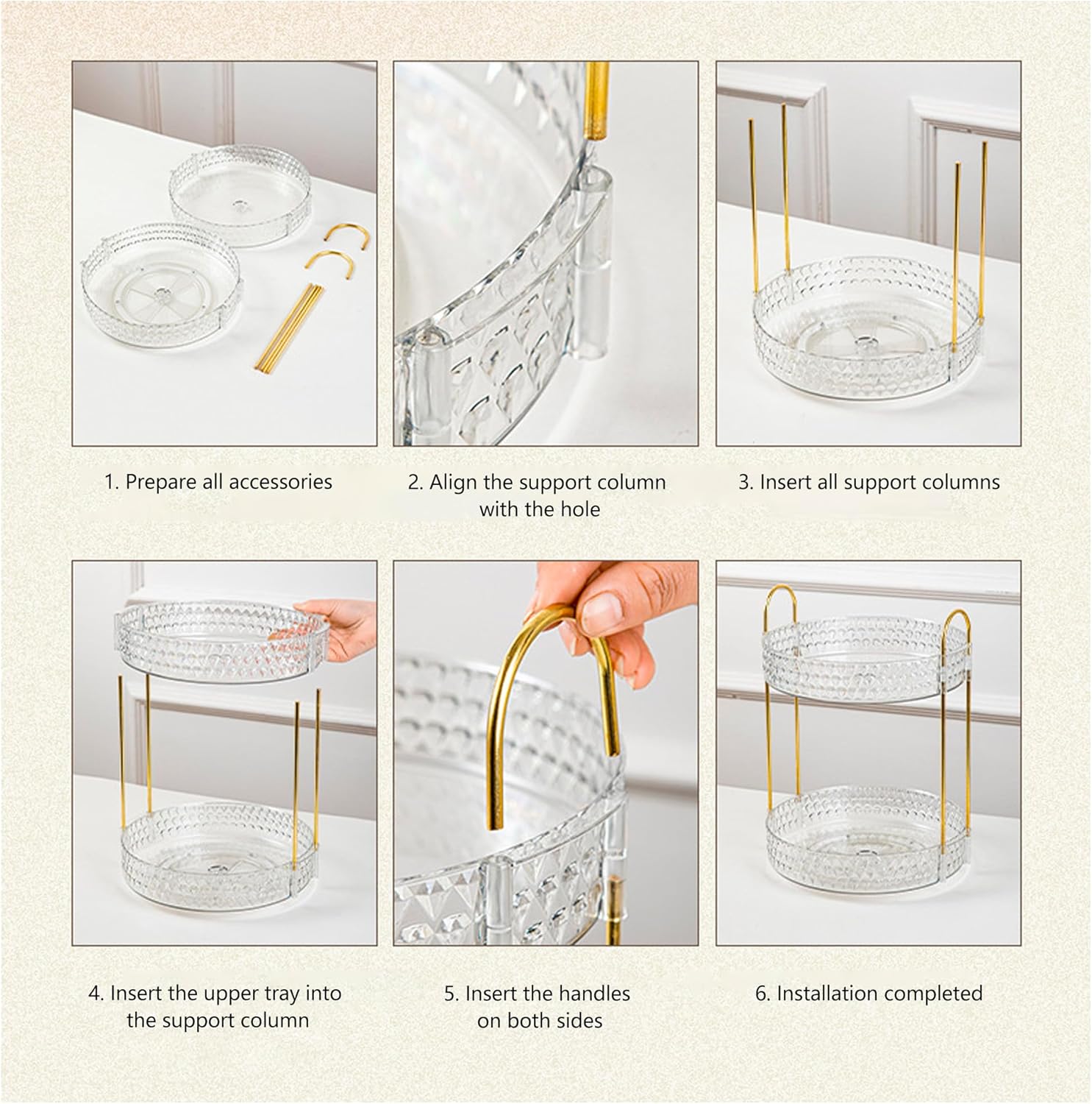 Double Layered Glass Tray with Golden Handles, Circular Decorative Storage Rack, Cosmetics, Dining Table, Bathroom, Bedroom, attic, Outdoor Small Items are Easy to find