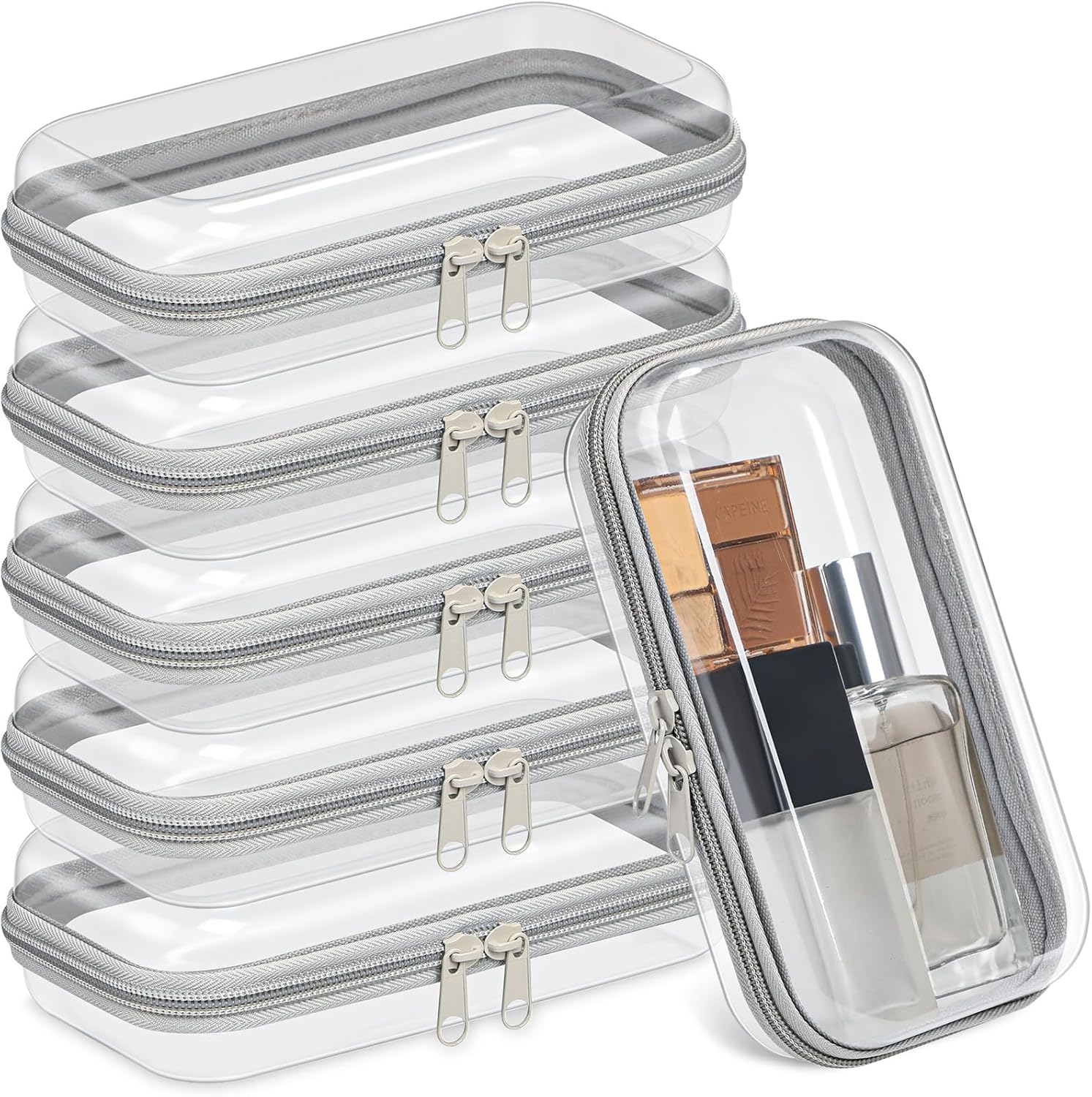 Sanwuta 6 Pcs Clear Hard Zipper Case Hard Plastic Zipper Pouches Transparent Makeup Bag Pencil Pouches for Travel Snacks Christmas Trinket Storage Organizer Box(Gray,7.48 x 3.94 x 2 Inch)