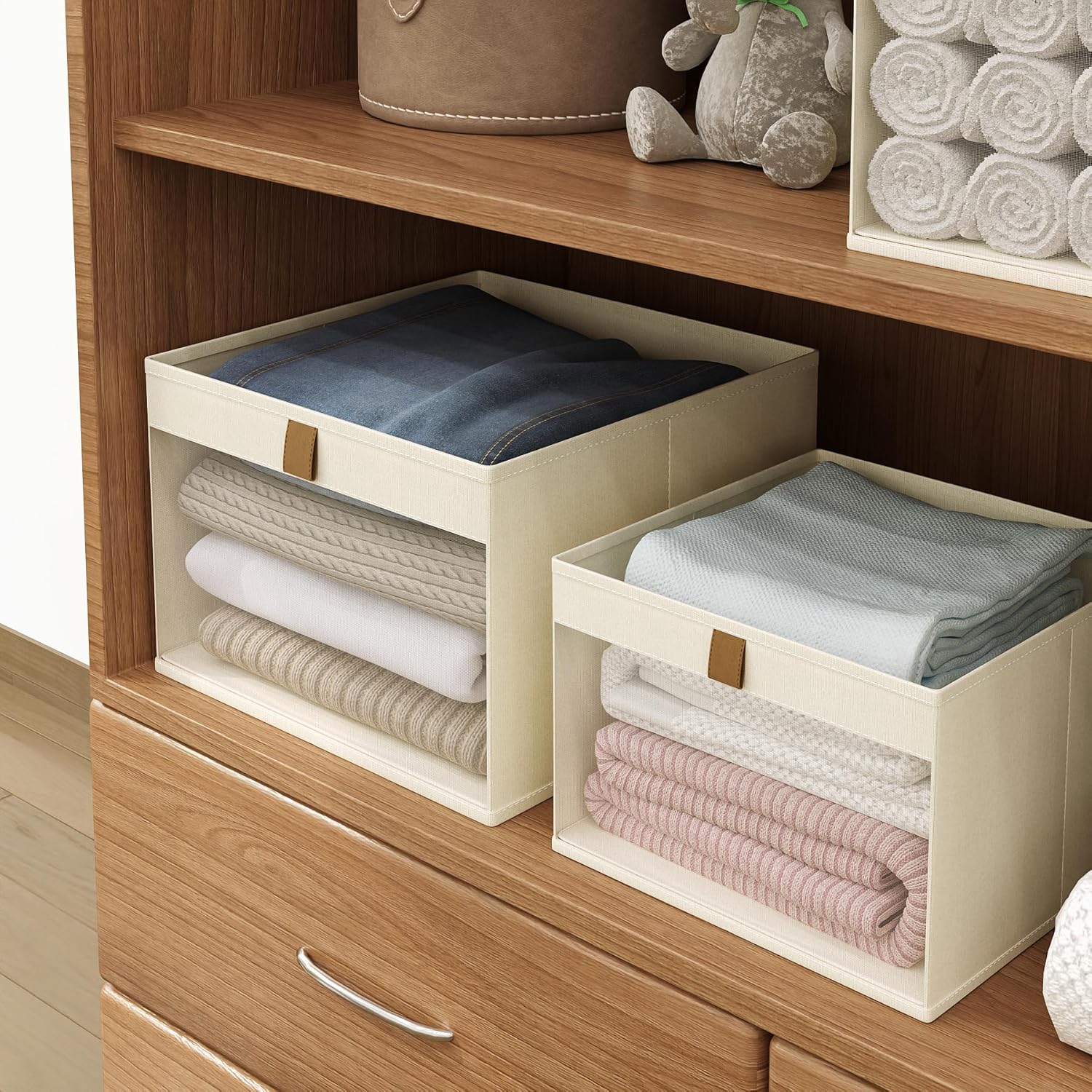 Linen Closet Organizers and Storage, Closet Storage Bins Basket Organizer, Foldable Organization Baskets with Mesh Window for Clothes Towels and Toys, 14.5" x 14.5" x 10.25", Beige, 2 pack