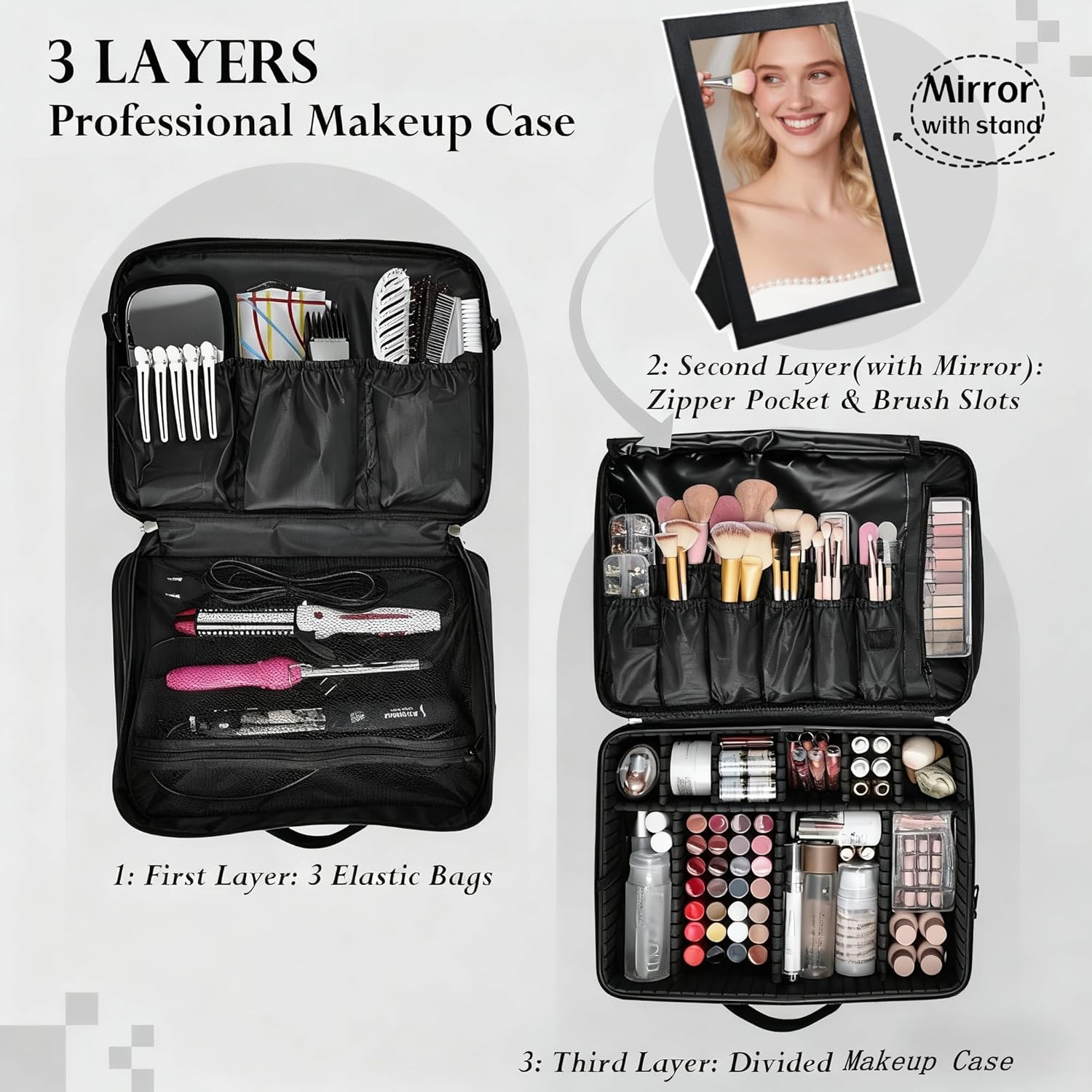 Adazzo Large Makeup Bag, 3 Layers 17” Makeup Case Organizer with Mirror Professional Cosmetic Storage Backpack Box Travel Artist Carrying Vanity Bags with Brush Slot/Shoulder Strap/Attach to Suitcase