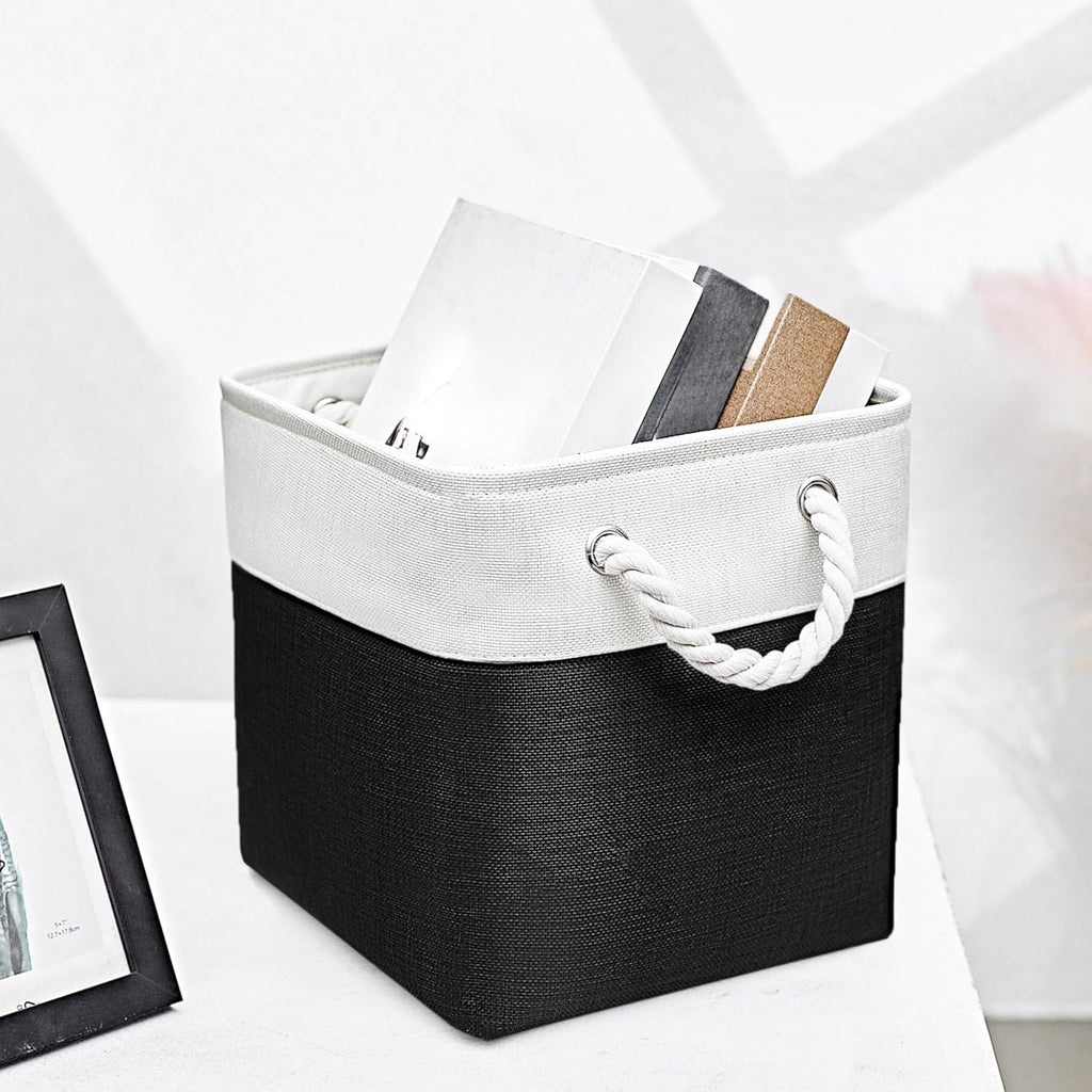 Fabric Storage Cubes, 11 inch cube storage bin with Handles, 11x11cube storage organizer bins, Collapsible Storage Bins for Shelves and Home, Cubby Storage Bins (white-black, 10.5x10.5x11in)