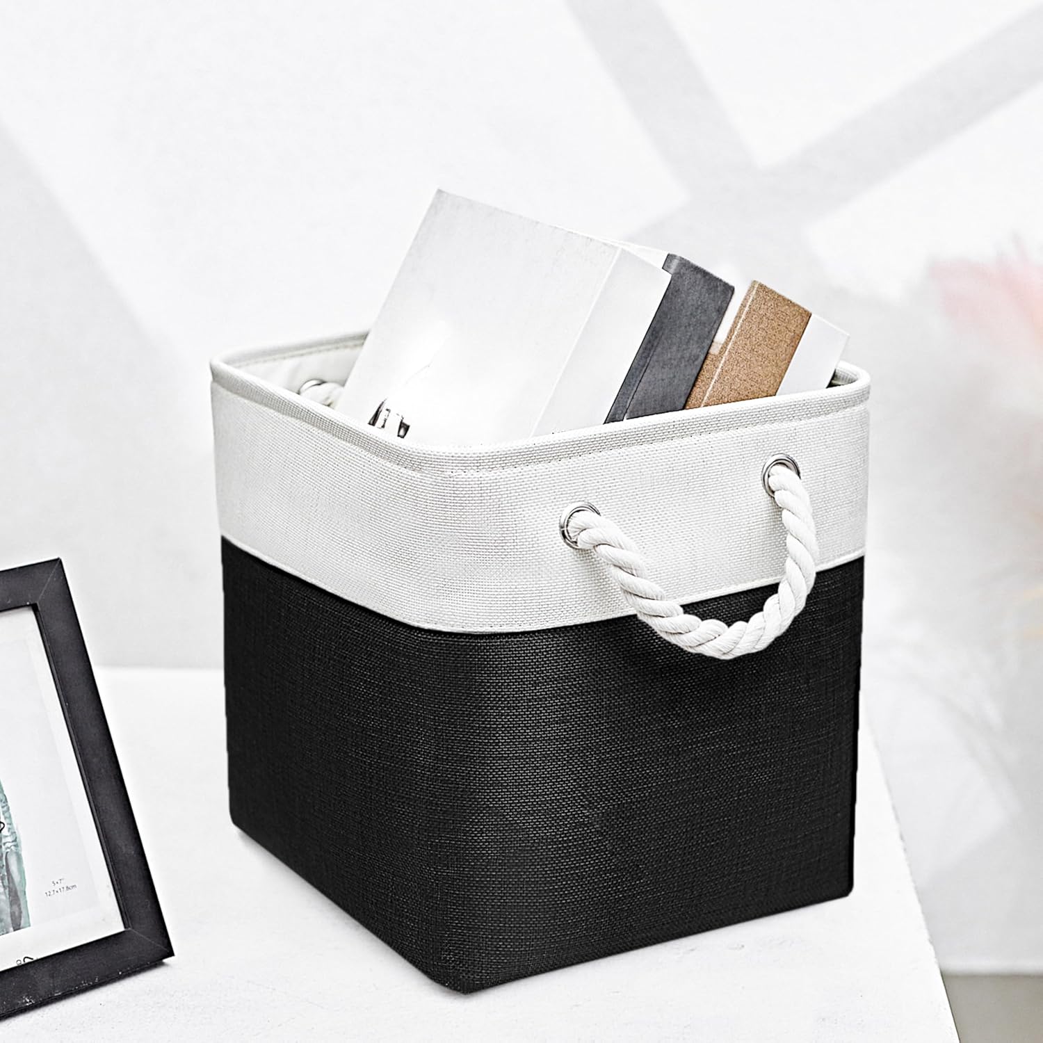 Fabric Storage Cubes, 11 inch cube storage bin with Handles, 11x11cube storage organizer bins, Collapsible Storage Bins for Shelves and Home, Cubby Storage Bins (white-black, 10.5x10.5x11in)