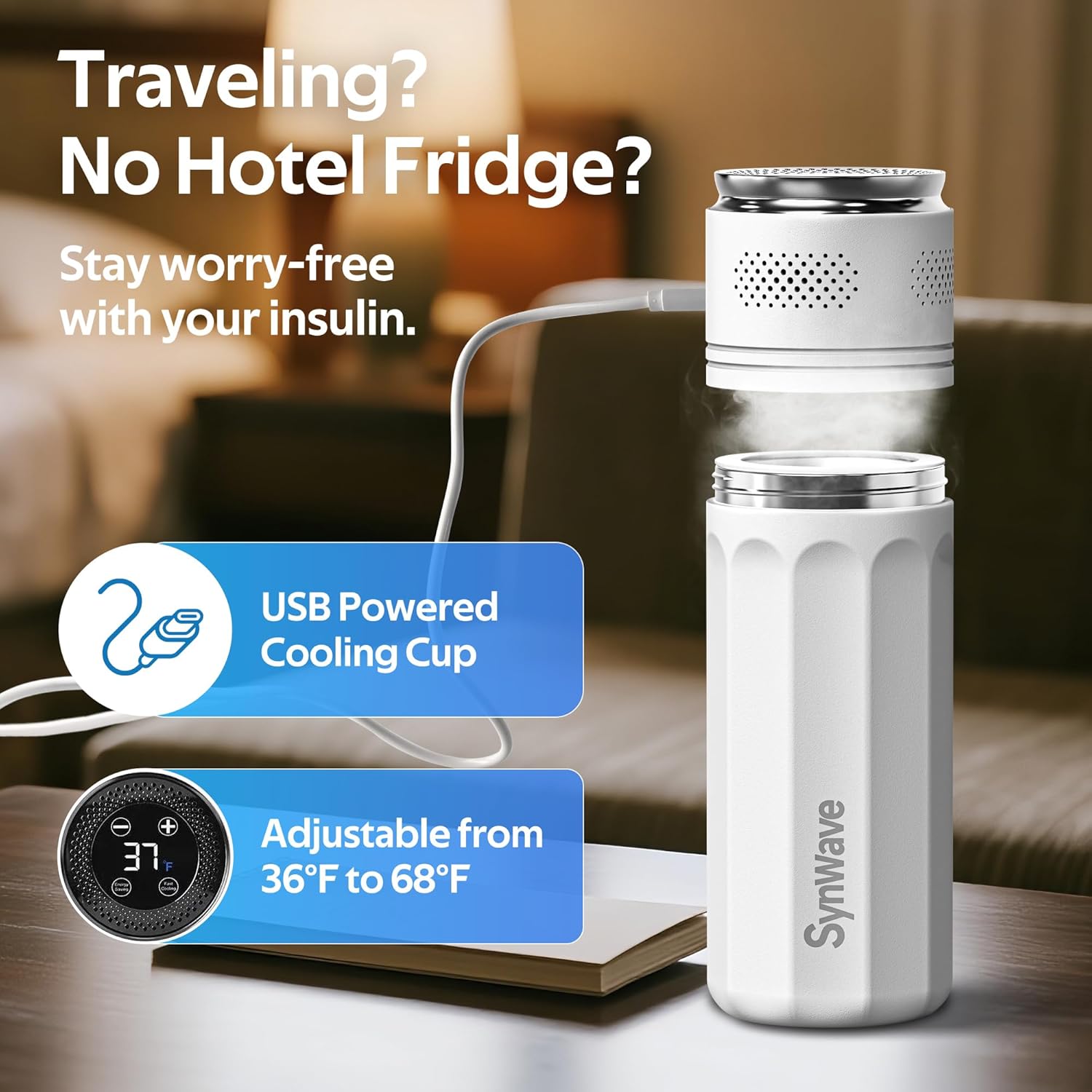 Insulin Cooler Travel Case for 4 Pens,Medication Cooler for Travel with Temp Display&Ice Packs，Diabetic Insulin Case with Portable Cup Sleeves，Supports Mobile Power Cooling，TSA Approved(White)