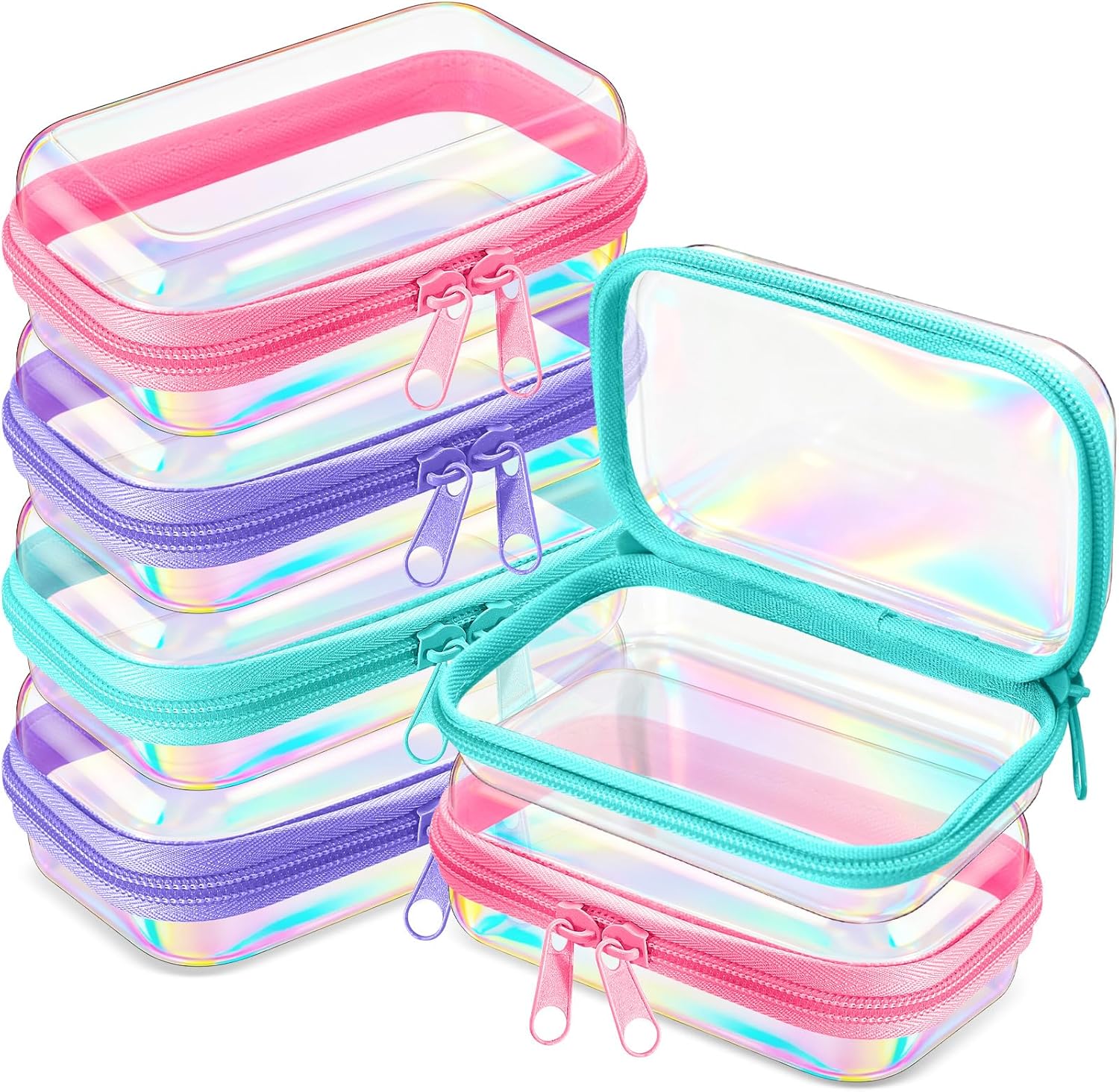 Sanwuta 6 Pcs Clear Hard Zipper Case Hard Plastic Zipper Pouches Transparent Makeup Bag Pencil Pouches for Travel Snacks Christmas Trinket Storage Organizer Box(Holographic,5 x 3 x 2 Inch)