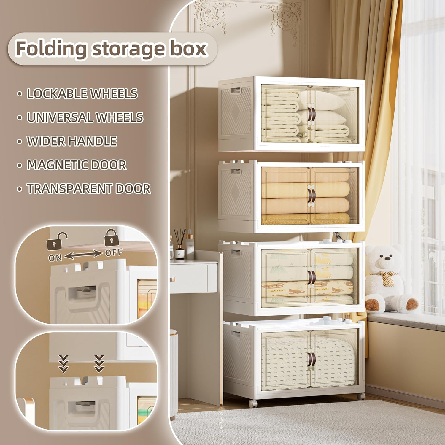 416 QT / 104 Gal Large Foldable Stackable Plastic Storage Cabinet with Double Magnetic Doors, Leather Handles & 4 Wheels - Organize Home, Office, Closet