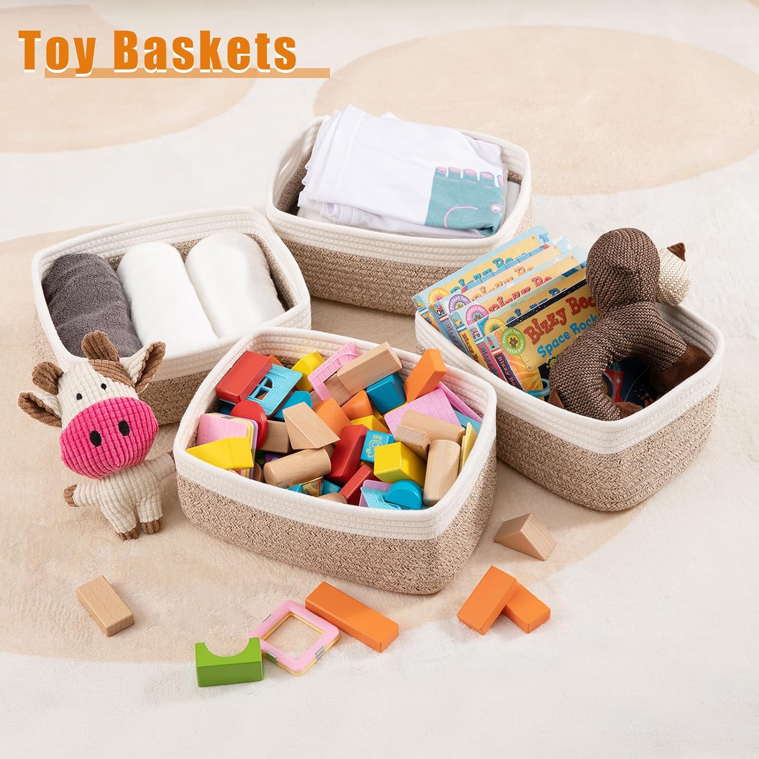 OIAHOMY 4 Pack Storage Baskets for Organizing, Small Bins for Shelves, Cute Decorative Storage Bins, Organizer Baskets for Gifts Empty, 13.8''Lx9.8''Wx5.5''H, Brown/White