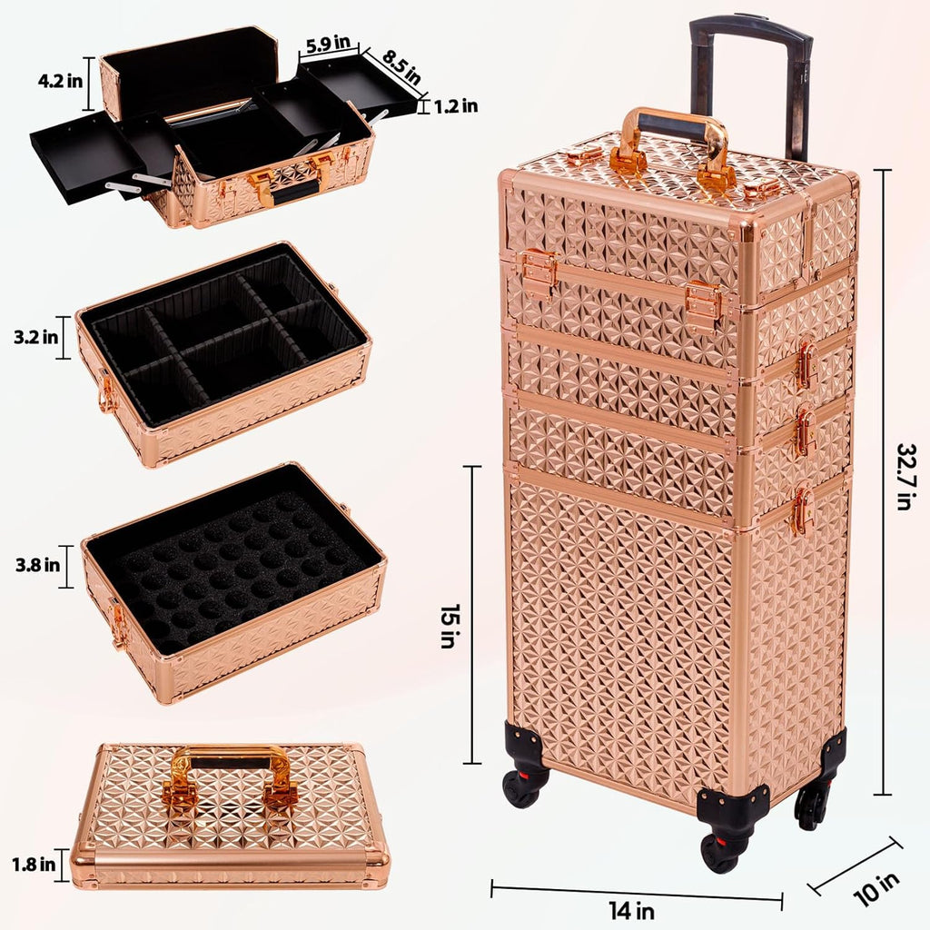 AROUS 5 in 1 Rolling Makeup Train Case Cosmetology Case on Wheels Large Cosmetic Organizer Travel Cart for Hairstylist Artist Nail Beauty Salon Barber,Gold